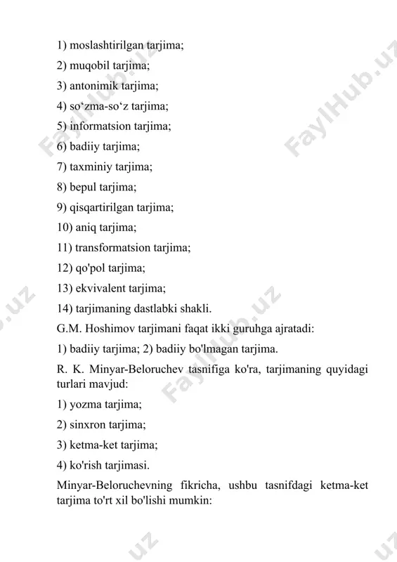 qay darajada aks ettirishiga qarab, r.k. minyar-beloruchev tarjimaning quyidagi turlarini ham muhokama qiladi: 1) adekvat tarjima; 2) antonimik tarjima; 3) so‘zma-so‘z tarjima; 4) ikki tomonlama tarjima (ikkita suhbatni ikki tarjimon yordamida sinxron tarjima qilish); 5) qayta tarjima qilish (matnni dastlabki tilga qayta tarjima qilish); 6) maxsus tarjima yuqorida tilga olingan har bir tarjima turi va ixtisosligi o‘ziga xos xususiyatlarga ega bo‘lib, ularning o‘ziga xosligi tarjima jarayonida namoyon bo‘ladi. aks holda, tarjima turlari va sohalarini tasniflash hech qanday foyda keltirmaydi. ham rus, ham o‘zbek olimlarining qarashlari tizimli ravishda mujassamlashganini anglash mumkin. zamonaviy ilm-fan aniqlikni talab qiladi. bugun har xil fikr bildirish va “barcha fikrlar asosli va bir-birini to‘ldiradi” deyish o‘rinli emas. bunday chalkashliklar, ya’ni tarjima sohalarini tarjima usullari bilan bir guruhga kiritish, tarjimashunoslikning tarkibiy qismlari va jihatlari o‘rtasidagi chalkashliklar, tarjimaning turlari va jihatlarini bir paradigmatik tarzda tasniflash tarjimani o‘rganayotgan talabani chalkashtirib yuboradi. xorijiy va o‘zbek tarjimashunosligiga oid turli qarashlarni umumlashtirib, biz …