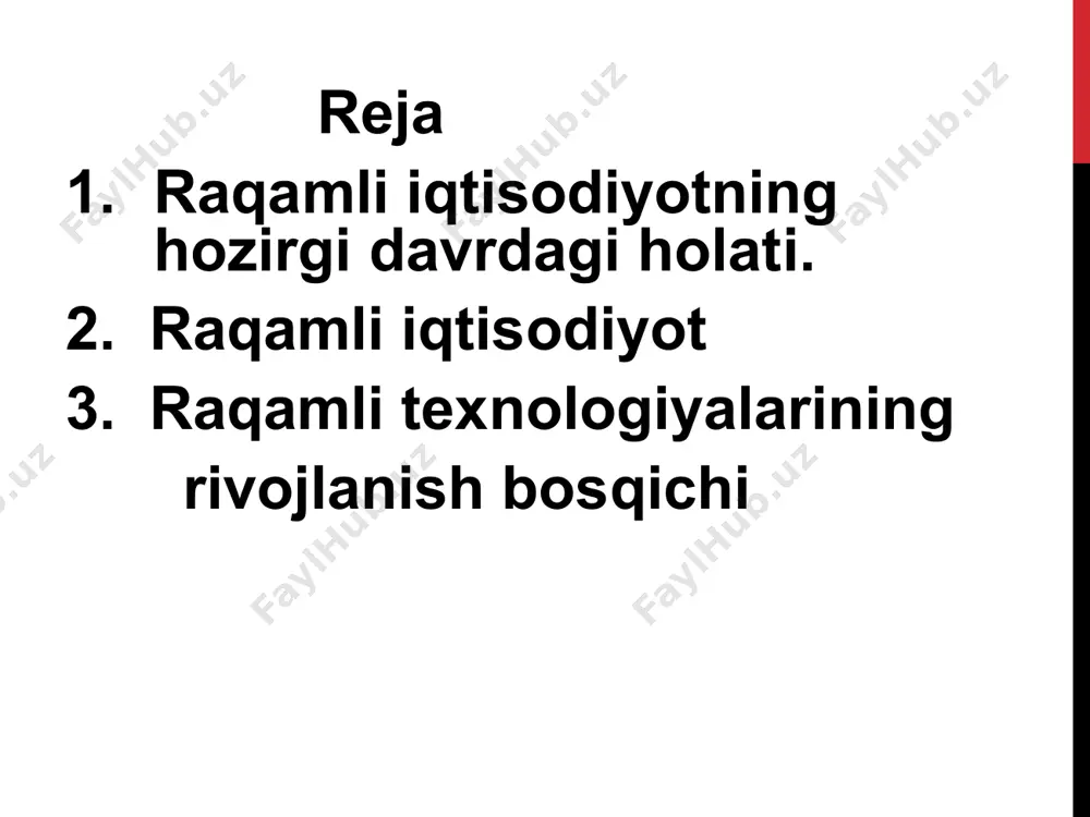 h-kommunikatsion infratuzilmalar turli xildagi raqamli texnologiyalar tezkor internet tizimi ip bloklar raqamli iqtisod sohasida tayyorgarlik ko’rgan inson resurslari biznes modellar intellektual on-line ishlab chiqarish moliyaviy ta’minot kraudsorsing va kraudfunding tashkil qilish imkoniyatlari real va virtual dunyolarning birlashuvi natijasidayangi gibrid dunyo hosil qilingan. raqamli iqtisodiyotning bugungi kundagi holati raqamli iqtisodiyotning quyidagi afzalliklari ajratiladi • mehnat unumdorligini 40 %gacha oshirishi taxmin qilinadi; • raqamli iqtisodiyot juda katta miqdordagi mashina o‘qishi mumkin bo‘lgan ma’lumotlarni (raqamli ma’lumotlar) to‘plash, foydalanish va tahlil qilish qobiliyatiga ega; • onlayn platformalar orqali sotiladigan yangi ish shakllarining yuzaga kelishi; raqamli iqtisodiyotning bugungi kundagi holati raqamli transformatsiya maxsus xizmatlar uchun savdo infrastrukturasining o‘zgarishi; sanoat mahsulotlari eksporti endilikda akt mahsulotlari va xizmatlariga bog‘liq bo‘lib qolmoqda; raqamli iqtisodiyot juda qisqa vaqt ichida ulkan boyliklarni keltirib chiqardi, ammo bu boylik oz sonli shaxs, kompaniya va mamlakatlar atrofida to‘plangan. amaldagi siyosat va qoidalar asosida ushbu traektoriya davom etishi mumkin, lekin bu tengsizlikning kuchayishiga olib …