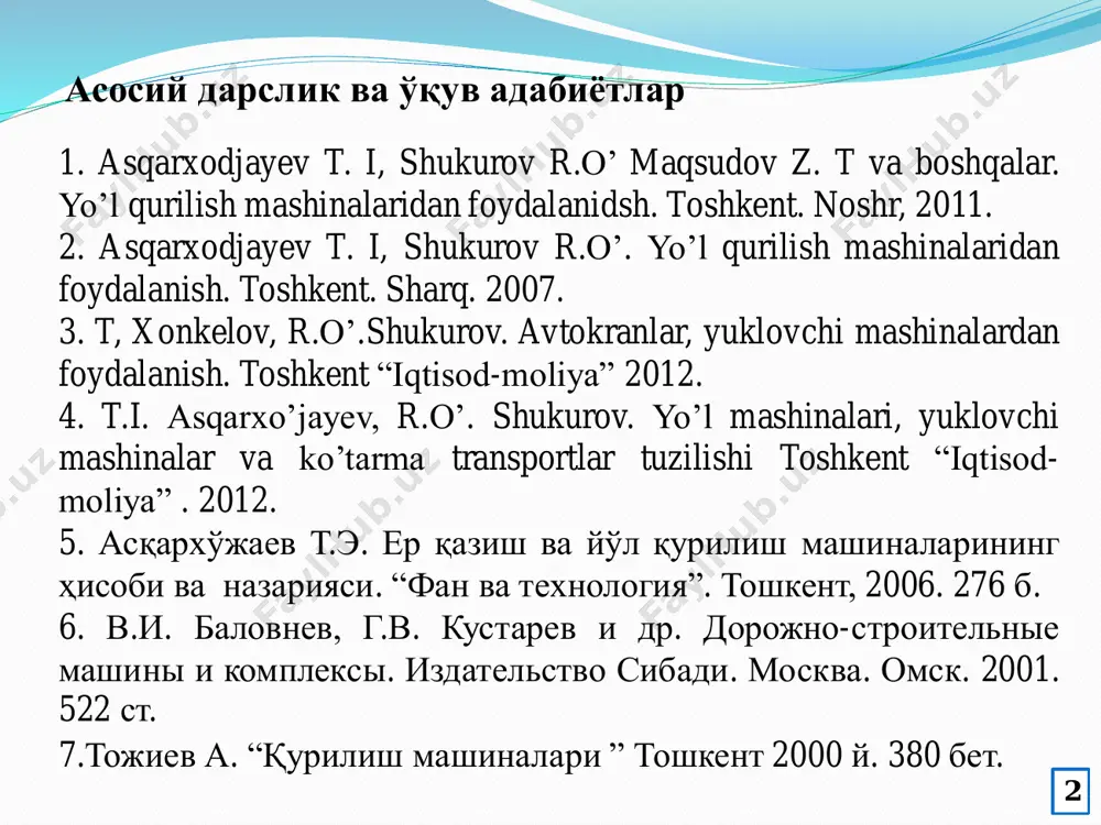 нган талабларга жавоб бериши техник иқтисодий иш унумдорлика ва қўл мехнатини енгиллатишга хизмат қилади. замонавий бино ва иншоатларни қуришда тайёргарлик ишларида ва қурилишда фойдаланиладиган машиналарга ажратилади. 7 машиналарга қўйиладиган талаблар. машинага қўйиладиган талаблар даражаси ва уларни сифат жихатидан бахоси фан-техника тараккиётига боғлиқ. машина яратишда ва уни янгилашда конструктив, технологик, фойдаланиш талабларига, шунингдеқ, иктисодий ва ижтимоий талабларга риоя килиниши керакки, уларни бажарилиши машинанинг юқори сифатли бўлишини (иш унумдорлиги, ишончлилиги, узоқка чидаши эргономика ва бошқалар) таъминланиши зарур. конструктив талаблар – шундан иборатки, машина муайян иш шароитларида маълум вазифаларни бажара олиши, хозирги стандартларнинг кўрсаткичларига жавоб бериши, республикамизда ва чет элларда ишлаб чикарилган машиналарнинг энг яхши намуналари қаторида туриши, унумли ишлаши, мустаҳкам бўлиши ва ишончли ишлаши керак. 8 технологик талаблар – деталлар, йиғиш бирликлари ва умуман машинани тайёрлаш оддий, кулай ва арзонга тушишини кўзда тутади. машинанинг тўзилиши уни тайёрлашда ва йиғишда илгор технологиядан фойдаланиш имкониятини бериш керак. фойдаланиш талаблари - шундан иборатки, машинадан фойдаланиш …