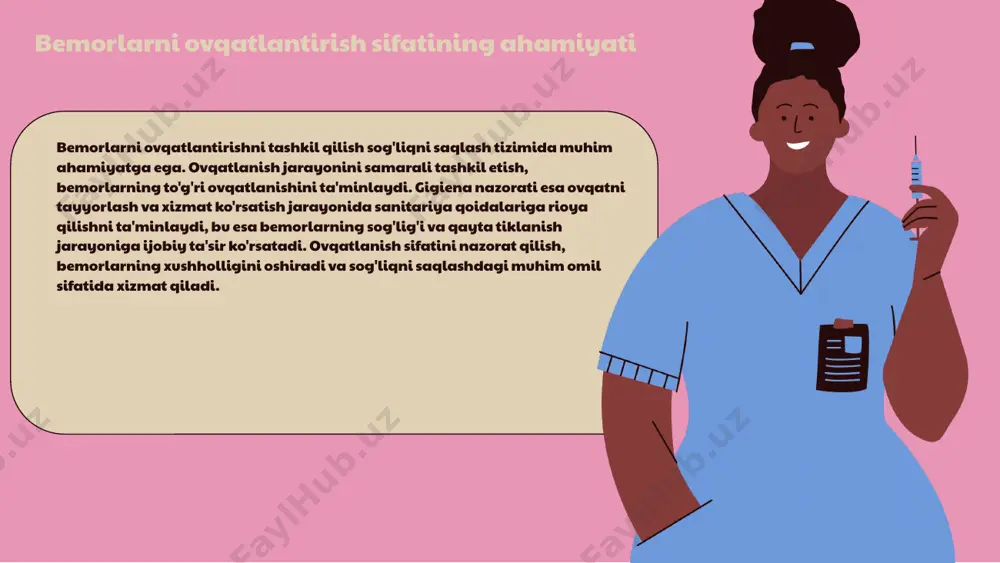hlar kiritiladi. takomillashtirish jarayoni sifatni oshirishga qaratilgan va kelajakda yuzaga kelishi mumkin bo'lgan muammolarni oldini olish uchun muhimdir. shu bilan birga, yangi usullar va texnologiyalarni joriy qilish ham ko'zda tutiladi. photo by tom claes on unsplash 1. 2. 3. 4. gigienik nazorat qoidalari oziq-ovqat mahsulotlarining gigienik nazorati sog'lom ovqatlanish uchun zarur. ushbu qoidalar oziq-ovqatni tayyorlash, saqlash va iste'mol qilish jarayonida sanitariya talablariga rioya qilishni nazarda tutadi. standartlar va talablar oziq-ovqat mahsulotlarining sifatini ta'minlash uchun xalqaro va milliy standartlar mavjud. ular oziq-ovqat xavfsizligi, sifat va gigiena me'yorlarini belgilaydi, masalan, iso 22000 standartlari. misollar masalan, sabzavotlarni yuvish va tayyorlashdan oldin qo'lni tozalash, go'shtni to'g'ri saqlash, va sanitar sharoitlarda ovqat tayyorlash misol bo'lib xizmat qiladi. xulosa oziq-ovqat mahsulotlarining gigienik nazorati sog'lom ovqatlanishning asosiy shartidir. bularni hisobga olish orqali bemorlar uchun xavfsiz va sifatli ovqat ta'minlanadi. 01. 03. 02. 04. ovqatlanish sifatining monitoringi va baholanishi ovqatlanish sifatini monitoring qilish va baholash usullari sog'lom ovqatlanish …