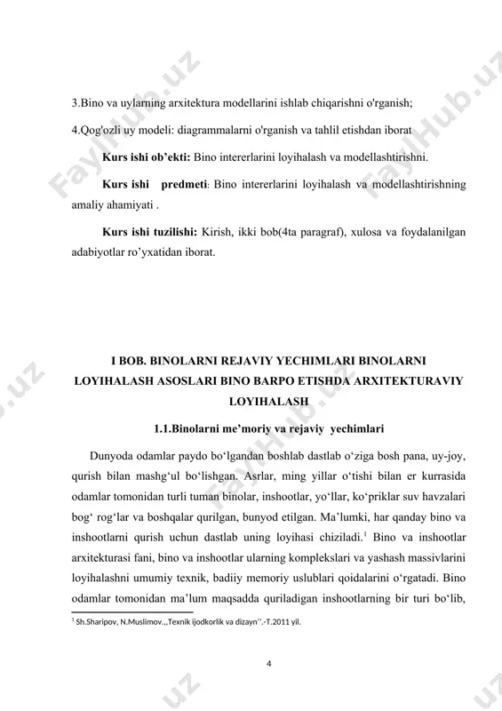 ilgan va texnologik jarayon natijasida sanoat mahsulotlari ishlab chiqaruvchi binolarga aytiladi. bularga asosan zavodlar, fabrikalar, turli sexlar, ularga yordamchi binolar ya’ni energetika, transport, omborxonalar, korxona hududida joylashgan ishchilarga madaniy maishiy, tibbiy va boshqa xizmatlar ko‘rsatadigan yordamchi binolar kiradi.qishloq xo‘jalik binolari qishloq xo‘jaligi bilan bog‘liq bo‘lib ular qishloq xo‘jaligi ehtiyojlarini qondirish uchun xizmat qiladi. bularga quyidagilar kiradi: [2: g.karimova, x.komilova ,,reklama va dizayn’’-t. ,,o’zbekiston’’ 2006 yil] 1. chorvachilik binolari; 2. parrandachilik binolari; 3. yilqichilik xo‘jaliklari; 4. cho‘chqachilik binolari; 5. xo‘jalik texnikalari saqlash va ta’mirlash binolari; 6. qishloq xo‘jaligi maqsulotlarini saqlash binolari; 7. qishloq xo‘jaligi mahsulotlarini qayta ishlash binolari; 8. issiqxonalar va boshqalar. 9. har qanday bino va inshootlarni loyiha qilishda 1-chi navbatda ularni nazariy asoslash lozim. ma’lumki barcha bino va inshootlar odamlar uchun yaratilgan. yashash binolarida odamlarni yashash dam olish uchun barcha shart-sharoitlar yaratilishi lozim. jumladan me’yoriy mikro iqlim va nisbiy namlik havo almashishi va harorat maydonlari yaratiladi.[footnoteref:3] buning uchun bino …