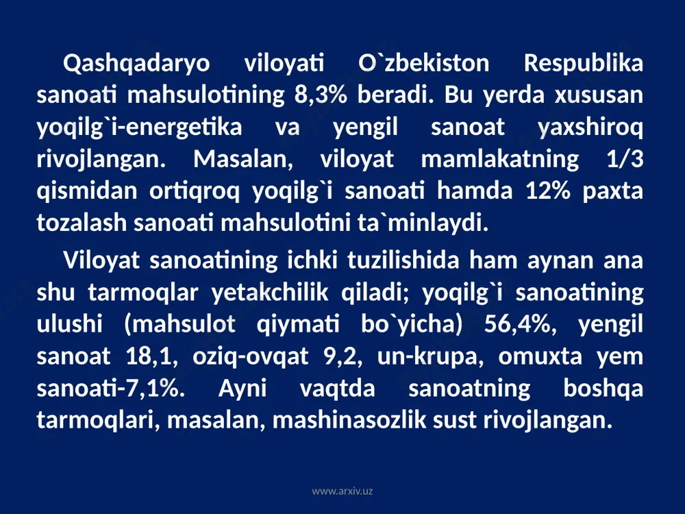 i sanoati viloyat sanoatining muhim tarmog`i bo`lib, neft va gaz qazib olish hamda gazni qayta ishlash sohalarini o`z ichiga oladi. viloyatda gaz sanoatining vujudga kelishi va rivojlanishi o`zbekiston yoqilg`i-energetika bazasini mustahkamlashga imkoniyat yaratadi. www.arxiv.uz www.arxiv.uz natijada chetdan yoqilg`i keltirish hamda buning uchun ketadigan transport va boshqa harajatlar keskin kamaydi. qashqadaryo viloyatida gaz va neft qazib olish 60-yillarda boshlandi, 1965 yilda viloyatda 164,2 mln.m kub gaz, 29 ming tonna neft qazib olingan bo`lsa, 1970 yili 3232 mln.m kub gaz, 334 ming tonna neft, 1990 yilda esa 38,9 mlrd m kub gaz, 775,8 ming tonna neft va 1520,1 ming tonna kondensat olindi. (10-jadval). hozirgi paytda qashqadaryo viloyati o`zbekistonda qazib olinadigan gazning 83%ini, kondensatning 100%ini, neftning 46,9%ini beradi. www.arxiv.uz www.arxiv.uz qashqadaryoda qazib olinadigan gazning asosiy qismi quvurlar orqali viloyatdan tashqarida joylashgan iste`molchilarga yetkazib berilmoqda. umuman qashqadaryo viloyati gaz sanoatining istiqboli ancha porloq, chunki hozirgi paytda viloyat xududida o`ndan ortiq gaz konlari topilgan. bu …