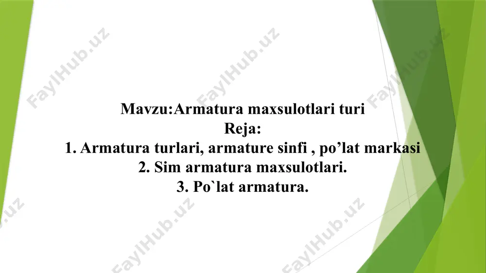 rodi kam bo‘lgan armatu¬re po‘iatiga nisbatan yuqori mustahkam sim korroziyaga anchagina beriluvchan. temir-beton konstruksiyalarni loyihalashda, albatta, belgilangan maqsadga muvofiq beton markasi va turi, po‘latning pay- vandlashga beriluvchanlik darajasi, foydalanish sharoitlari, yuk ta’siri xarakteri va maxsus talablaiga ko‘ra armature tanlanadi. sim armatura sim armatura mahsulotlari oldindan zo’riqtiriladigan konstruktsiyalarning zo’riqadigan alohida sterjenlardan va sim bog’lamlari, hamda kanatlardan tayyorlaniladi. armatura kanati yuqori effektga ega bo’lgan zo’riqtiriluvchi armatura bo’lib, uni shunday eshiladiki, qaytadan bo’shatishning iloji bo’lmasin. kanatni tayyorlash jarayonida simlar deformatsiyalanadi va bir-biriga mahkam yopishib qoladi. armatura kanatining davriy profilligi uni beton bilan yaxshi tishlashish, uzunligi esa uni uzun o’lchamli konstruktsiyalar tayyorlashda qo’llanilishiga imkon beradi. armatura kanati diametri 1-3 mm bo’lgan simlardan tayyorlanadi. oldindan zo’riqtiriladigan konstruktsiyalarning zo’riqadigan alohida sterjenlardan va sim bog’lamlari, hamda kanatlardan tayyorlaniladi. armatura kanati yuqori effektga ega bo’lgan zo’riqtiriluvchi armatura bo’lib, uni shunday eshiladiki, qaytadan bo’shatishning iloji bo’lmasin. kanatni tayyorlash jarayonida simlar deformatsiyalanadi va bir-biriga mahkam yopishib qoladi. armatura kanatining davriy …