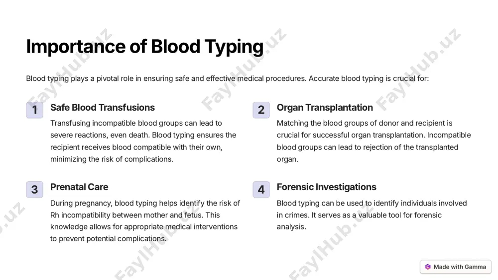 and its significance the rh factor, a protein found on the surface of red blood cells, is another significant factor in blood typing. individuals are either rh-positive (rh+) or rh-negative (rh-), depending on the presence or absence of this protein. rh incompatibility, a condition where an rh-negative mother carries an rh-positive fetus, can lead to complications during pregnancy and delivery. it is important to identify rh-negative mothers to prevent these complications. rh-positive individuals with rh-positive blood have the rh protein on their red blood cells. rh-negative individuals with rh-negative blood lack the rh protein on their red blood cells. https://gamma.app/?utm_source=made-with-gamma common blood typing techniques blood typing techniques are used to determine an individual's blood group. here are some common methods: 1 agglutination testing this involves mixing the blood sample with antibodies specific to each blood group. the formation of agglutination, or clumping of red blood cells, indicates the presence of …