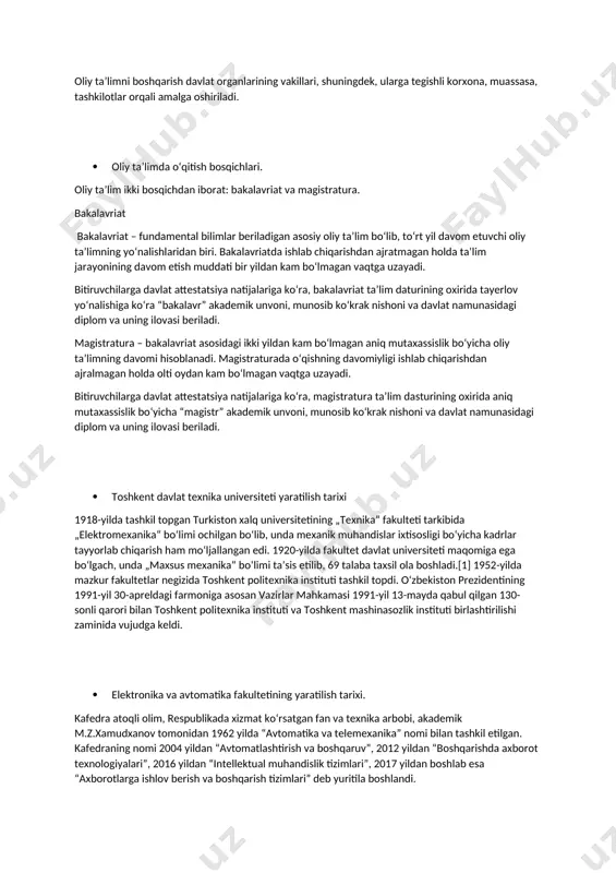 iriladi. · oliy taʼlimda oʻqitish bosqichlari. oliy taʼlim ikki bosqichdan iborat: bakalavriat va magistratura. bakalavriat bakalavriat – fundamental bilimlar beriladigan asosiy oliy taʼlim boʻlib, toʻrt yil davom etuvchi oliy taʼlimning yoʻnalishlaridan biri. bakalavriatda ishlab chiqarishdan ajratmagan holda taʼlim jarayonining davom etish muddati bir yildan kam boʻlmagan vaqtga uzayadi. bitiruvchilarga davlat attestatsiya natijalariga koʻra, bakalavriat taʼlim daturining oxirida tayerlov yoʻnalishiga koʻra “bakalavr” akademik unvoni, munosib koʻkrak nishoni va davlat namunasidagi diplom va uning ilovasi beriladi. magistratura – bakalavriat asosidagi ikki yildan kam boʻlmagan aniq mutaxassislik boʻyicha oliy taʼlimning davomi hisoblanadi. magistraturada oʻqishning davomiyligi ishlab chiqarishdan ajralmagan holda olti oydan kam boʻlmagan vaqtga uzayadi. bitiruvchilarga davlat attestatsiya natijalariga koʻra, magistratura taʼlim dasturining oxirida aniq mutaxassislik boʻyicha “magistr” akademik unvoni, munosib koʻkrak nishoni va davlat namunasidagi diplom va uning ilovasi beriladi. · toshkent davlat texnika universiteti yaratilish tarixi 1918-yilda tashkil topgan turkiston xalq universitetining „texnika“ fakulteti tarkibida „elektromexanika“ boʻlimi ochilgan boʻlib, unda mexanik …