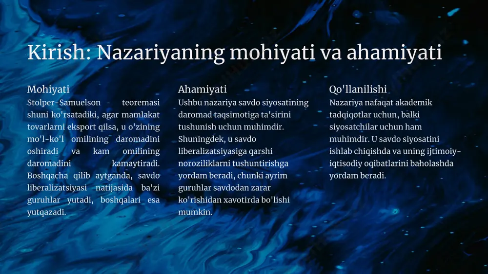 shqalari esa yutqazadi. savdo liberalizatsiyasi tovarlar narxlarining o'zgarishiga olib keladi. tovar narxlari o'zgarishi omil narxlariga (ish haqi, kapital daromadi) ta'sir qiladi. teoremani matematik ifodalash uchun ko'pincha xekser-ohlin modeli ishlatiladi. model shuni ko'rsatadiki, agar tovar narxi oshsa, u tovar ishlab chiqarishda ishlatiladigan omilning real daromadi ham oshadi, boshqa omillarning real daromadi esa kamayadi. omil narxlari narxlar o'zgarishi daromad taqsimoti faktoring harakatlanishi va narxlar o'zgarishi kapital harakatlanishi kapital o'zining mo'l bo'lgan mamlakatdan kam bo'lgan mamlakatga harakat qilishi mumkin. ishchi kuchi harakatlanishi ishchi kuchi o'zining mo'l bo'lgan mamlakatdan kam bo'lgan mamlakatga harakat qilishi mumkin. narxlar muvozanati faktorlar harakatlanishi tovarlar va omillar narxlarining muvozanatiga olib kelishi mumkin. ish haqi va kapital daromadiga ta'siri mehnat intensivligi mehnat intensivligi yuqori bo'lgan tovarlar ishlab chiqarishda ish haqi oshadi. 1 3 2 savdo ta'siri savdo liberalizatsiyasi natijasida ish haqi va kapital daromadi o'zgaradi. kapital intensivligi kapital intensivligi yuqori bo'lgan tovarlar ishlab chiqarishda kapital daromadi oshadi. stolper-samuelson nazariyasining tanqidlari …