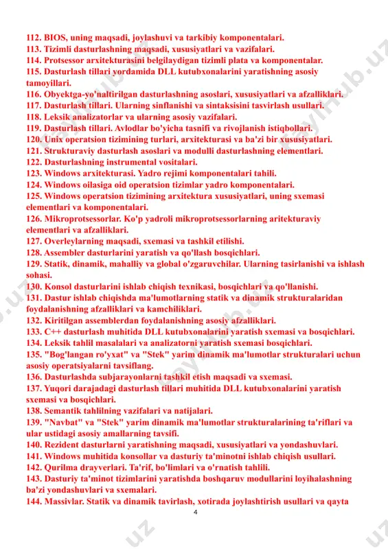 s funksiyalari. 88. tizimli dasturiy ta'minotining strukturasi va komponentalari. 89. api dan foydalanishning maqsadi, asosiy tushunchalari va tamoyillari. 90. dll kutubxonalarini tashkil etish sxemasi va tamoyillari. 91. translyatsiya jarayonining leksik va sintaktik tahlili. 92. translyatsiya jarayonining generatsiya bosqichi. 93. kiritilgan assemblerning xususiyatlari va asosiy afzalliklari. 94. windows operatsion tizimi. uning sxemasi elementlari va komponentlarining tahlili. 95. dasturlash tillari va dll kutubxonalarini ishlab chiqish. 96. drayverlarni strukturasi va yaratishning bosqichlari. 97. subjarayonlar va ularni tashkil etish tamoyillari. 98. windows api strukturasi va elementlari. 99. platformaning ta'riflari va tushunchalari, mikroprotsessorning razryadligi, registr va xotira turlari. 100. dll dan foydalanishning maqsadi, asosiy tushunchalari, strukturasi va tamoyillari. 101. tizim va dasturlash muhitida bajariladigan fayllarni yaratishning asosiy yondashuvlari. 102. qismprogrammalar. ular turlarining asosiy xususiyatlari va farqlari. 103. bajariladigan fayllar, ularning turlari va yaratilish tamoyillari. 104. dasturlash jarayonida xatolar turlarini tasniflash va ularning paydo bo'lishining asosiy sabablarini ko'rib chiqish. 105. assemblerlar. ta'rif, ularning vazifalari va assemblerlarning …
