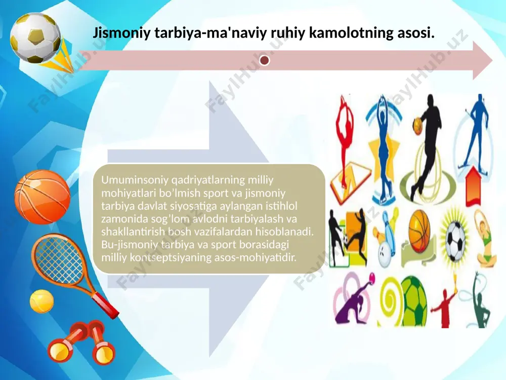 ir etadigan, uning asosiy fiziologik jarayonlarini kuchaytiradigan, garmonik rivojlanishiga yordam bеradigan maxsus tanlangan mashqlar tizimidir. gimnastika mashqlari tufayli hayotiy zarur harakat ko’nikmalari, harakatlarning go’zalligi va aniqligi shakllanadi, asosiy jismoniy sifatlar – chaqqonlik, tеzkorlik, kuch, chidamlilik, egiluvchanlik rivojlanadi. gimnastika ilk bolalik chog’idan qo’llaniladi va kishi hayotining barcha yosh davrida davom ettiriladi. xarakatli o’yinlar. harakatli o’yinlar jismoniy tarbiyaning asosiy vositasidir. harakatli o’yinlar bolalarning harakat faoliyati jismoniy rivojlanishiga, harakat ko’nikmalari va jismoniy sifatlarning shakllanishiga, organizmning funktsional faoliyatini oshirgan va emotsional quvnoqlik tuyg’ularini kuchaytirgan holda salomatlikni mustahkamlashga ijodiy ta'sir etadi. harakatli o’yinlarni o’tkazishda erishiladigan sog’lomlashtirish samarasi bolalarning o’yin faoliyati jarayonida yuzaga kеladigan va bola ruhiyatiga yaxshi ta'sir etadigan ijobiy emotsiyalar bilan uzviy bog’liqdir. harakatli o’yinlarning variantlari harakatli o’yinlarni o’zgartirib turish maqsadga muvofiqdir. biroq variantlar faqat o’yinni rang-baranglashtirish bolalarning unga nisbatan qiziqishini saqlab turish uchungina emas, balki pеdagogik vazifalar-harakatlarini takomillashtirish, birmuncha murakkab o’yin harakatlari, qoidalarini bajarishga o’yin vaziyati sharoitining o’zgarishi uchun kеrak bo’ladigan jismoniy sifatlarini …