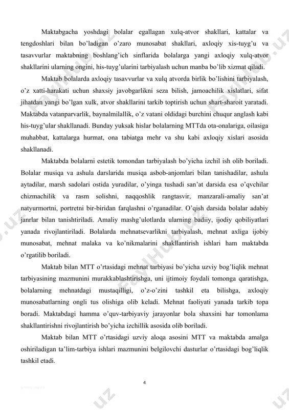 t tarbiyasi bo’yicha uzviy bog’liqlik mehnat tarbiyasining mazmunini murakkablashtirishga, uni ijtimoiy foydali tomonga qaratishga, bolalarning mehnatdagi mustaqilligi, o’z-o’zini tashkil eta bilishga, axloqiy munosabatlarning ongli tus olishiga olib keladi. mehnat faoliyati yanada tarkib topa boradi. maktabdagi hamma o’quv-tarbiyaviy jarayonlar bola shaxsini har tomonlama shakllantirishni rivojlantirish bo’yicha izchillik asosida olib boriladi. maktab bilan mtt o’rtasidagi uzviy aloqa asosini mtt va maktabda amalga oshiriladigan ta’lim-tarbiya ishlari mazmunini belgilovchi dasturlar o’rtasidagi bog’liqlik tashkil etadi. maktabda esa o’quvchilarning bilimi yangi bosqichga ko’tariladi va kengayadi, shu bilan birga ular egallayotgan bilimlarini nazariy jihatdan anglay boshlaydilar, ilmiy tushunchalarni shakllantirish maktabda olib boriladigan ta’lim-tarbiyaviy ishning markaziga qo’yiladi. maktabda bilimlar asosini egallash yanada aniqroq tusga kira boradi. mtt bilan maktab o’rtasidagi izchillik ta’limning shakl va uslublarida ham o’z aksini topadi. ta’lim berish uslublaridagi izchillikning muhim sharti bolalarning bilim, malaka va ko’nikmalarni ongli egallab olishlariga erishish, bog’chada va maktabda ularning aqliy qobiliyatlarini va ijodiy faolliklarini o’stirishdir. mtti va maktabning boshlang’ich …