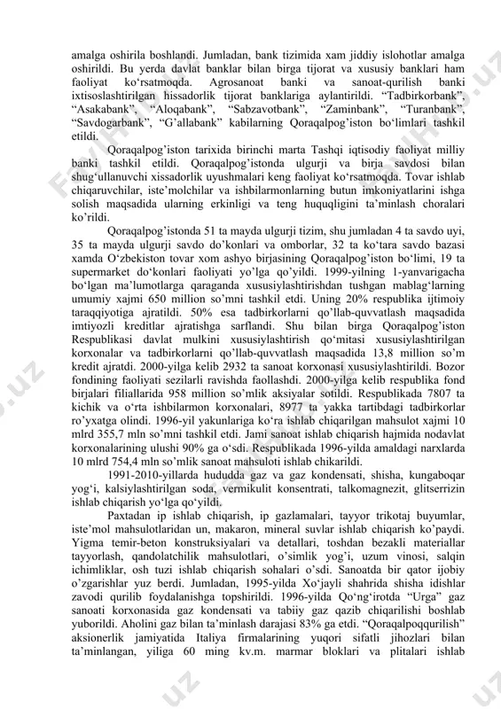 elgilab qo’yilar edi. buning ustiga parlamentda vazifasi bo‘yicha albatta deputat bo‘luvchi o’rinlar xam mavjud edi. keyingi saylovlarda bunday yondoshuvdan voz kechildi. deputatlarning o‘z saylovchilari bilan kundalik munosabati, yaqin muloqoti yo’lga qo’yildi. avvalgi parlamentda bu masalaga uncha e’tibor berilmagan edi. qoraqalpog`iston respublikasi o`z konstitutsiyaviy nazorat organiga ega bo`lib, uni qoraqalpog`iston respublikasining konstitutsiyaviy nazorat qo`mitasi amalga oshiradi. konstitutsiyaviy nazorat qo`mitasi qoraqalpog`iston respublikasi jo`qorg`i kengesi tomonidan tarkibi saylanadi. konstitutsiyaviy nazorat qo`mitasiga saylangan sudyalarning vakolat muddati 5 yildir. konstitutsiyaviy nazorat qo`mitasiga saylangan shaxslar o`z vazifalarini bajarishda daxilsizdirlar va faqat qoraqalpog`iston respublikasi konstitutsiyasiga bo`ysunadilar. uni tashkil etish va ish tartibini belgilash qoraqalpog`iston respublikasining “konstitutsiyaviy nazorat qo`mitasi to`g`risida”gi qonuni bilan belgilangan. qoraqalpog`iston respublikasining sud tizimi besh yil muddatga saylanadigan qoraqalpog`iston respublikasining oliy sudi, xo`jalik sudi, shu muddatga tayinlanadigan tuman, shahar sudlaridan iborat. ular o`zbekiston respublikasining "sudlar to`g`risida"gi qonuniga muvofiq o`z faoliyatini olib boradilar. ushbu qonunda jumladan, "qoraqalpog`iston respublikasi oliy sudi, fuqarolik va jinoyat ishlari bo`yicha, fuqarolik …