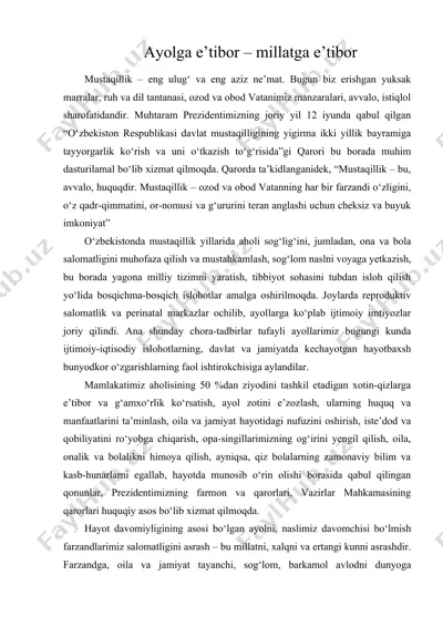 ayolga e’tibor – millatga e’tibor — DOC