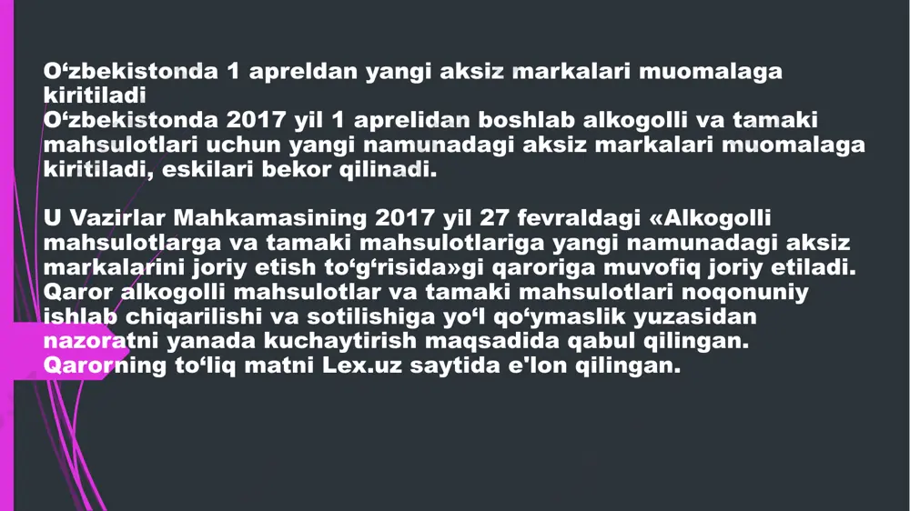 ari e'tiboriga yetkazish vazifasi yuklangan. vazirlar mahkamasi 02.11.2021 yildagi “alkogol va tamaki mahsulotlarini aksiz markalari bilan markirovkalash boʻyicha qoʻshimcha chora-tadbirlar toʻgʻrisida”gi 665-son qarorni qabul qildi. 2021 yil 1 dekabrdan 2022 yil 1 noyabrga qadar boʻlgan muddatda, sinov tariqasida, koʻpiklanadigan va tabiiy vino mahsulotlari aksiz markalari bilan markalanmaydi. bunda, sinov mobaynida aksiz markalari bilan markirovka qilishdan ozod qilingan tadbirkorlik sub’yektlari davlat tilida markirovka qilish hamda majburiy raqamli markirovkalash tartiblariga rioya etishlari kerak. shuningdek, filtrli va filtrsiz sigaretalardan boshqa turdagi chekiladigan tamaki mahsulotlari, chekilmaydigan tamaki mahsulotlari, nikotinli tamakisiz snyuslar, tarkibida nikotin mavjud suyuqliklar va nikotinli elektron sigaretalarga (keyingi oʻrinlarda - boshqa turdagi tamaki mahsulotlari) nisbatan quyidagi tartib oʻrnatiladi: podrobneye: https://www.norma.uz/oz/qonunchilikda_yangi/kupiklanadigan_va_tabiiy_vino_akciz_markalari_bilan_markalanishdan_ozod_qilinadi a) ishlab chiqaruvchilar va import qiluvchilar: 2022 yil 1 sentyabrga qadar yoki 2022 yil 1 sentyabrdan keyin mazkur faoliyat amalga oshirilishi zarurati yuzaga kelgan kundan boshlab 7 kalendar kun mobaynida markirovkalash aхborot tizimida roʻyхatdan oʻtadi va ishlab chiqariladigan va (yoki) olib kiriladigan …