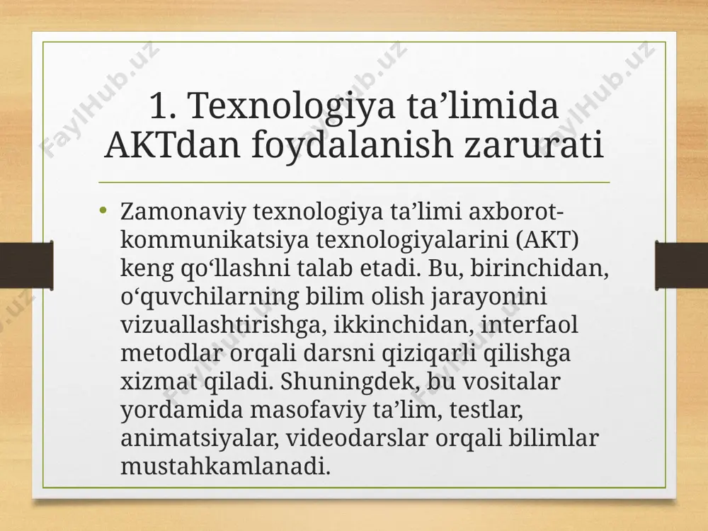 kt bo‘yicha tayyorgarligi o‘qituvchining aktdan samarali foydalanish ko‘nikmasi muhim. u zamonaviy dasturlar, o‘quv platformalari va texnik vositalar bilan ishlashni bilishi zarur. shuningdek, akt vositalarini pedagogik maqsadga yo‘naltirib ishlatish kompetensiyasiga ega bo‘lishi kerak. xulosa texnologiya taʼlimida aktdan foydalanish o‘quv jarayonini zamonaviylashtirish, o‘quvchilarning qiziqishini oshirish va ularning bilim, ko‘nikma va kompetensiyalarini rivojlantirish uchun muhimdir. o‘qituvchilar akt vositalaridan unumli foydalanish orqali o‘z darslarini innovatsion yondashuvlar bilan boyitishlari zarur. image5.png image6.png image3.png image4.png /docprops/thumbnail.jpeg