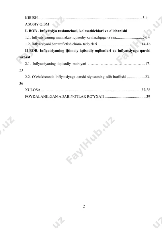 ki, ayni paytda uning boshlanishidan oldin bir xil pulga nisbatan mol-mulkni kamroq sotib olish mumkin bo'ladi. moliyani sotib olish kuchi kamayganligini aytish mumkin va ular o'z qiymatining bir qismini yo'qotib qo'ydi. bozor iqtisodiyotida bunday jarayon narxlarning ko'tarilishida o'zini namoyon qilishi mumkin. ma'muriy choralar bilan narxlash bir xil bo'lib qolmoqda, ammo mahsulot guruhlari etishmasligi bo'lishi mumkin. kurs ishining maqsadi va vazifalari. - ushbu kurs ishi imkon qadar inflyatsiya atamasiga bir qancha ta‘rif berish mumkin. umuman olganda inflyatsiya bu pulning qadrsizlanishi hisoblanadi. bu ta‘rifning mazmun mohiyatini yanada chuqurroq ifodalash maqsadida iqtisodiyot fanlari nomzodi i.sayfiddinovning so‘zlarini keltirib o‘tamiz: · inflyatsiya – bu, ijtimoiy ishlab chiqarish rivojlanishida yuzaga keluvchi disproporsiyalar sababli tovarlar va xizmatlar bahosining umumiy yoki to‘xtovsiz o‘sishi natijasida pul muomalasi qonunining buzilishi va pul birligining qadrsizlanishidir. kurs ishining vazifalari., unda imkon qadar iqtisodiy statistic, analitik, qiyosiy, kuzatuv, induktiv, deduktik, mantiqiy, monitoring, ekspress – baholash va boshqa tahlil usullaridan foydalanildi. o‘rganilgan adabiyotlar natijasida …