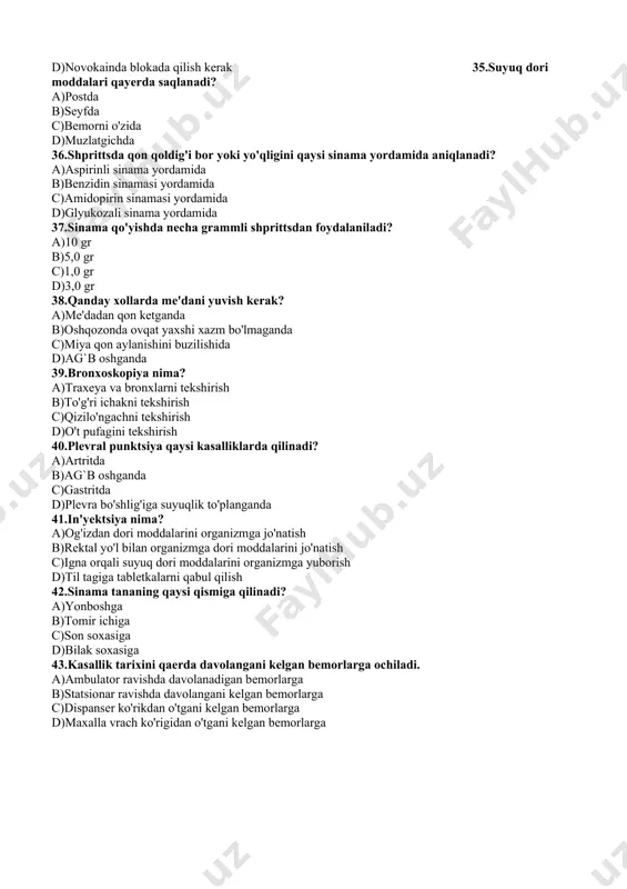 avsiya d)boshqaruv 53. mehnat muhofazasi va sharoitlari uchun javobgar shaxs kim? a)mehnat gigiyenasi vrachi b)korxona raxbari c)mehnat muhofazasi bo’yicha muhandis d)tibbiy sanitariya qismi bosh vrachi 54. mehnat haqidagi qonunlar bajarilishi ustidan bosh nazorat konstitutsiyasi bo’yicha kimga yuklatiladi? a)dsenm ga b)bosh prokuror va boshliq muassasiga c)sog’liqni saqlash vazirligiga d)satsial ta’minot vazirligiga 55. mehnat gigiyenasi vrachi o’tkazuvchi san tekshiruvlar turlarini ko’rsatish. a)kontrol, mukammal. mavzuiy b)rejali, rejasiz, jamoa c)bir marotaba, bosh tekshiruv d)bosqichli bir vaqtli 56. eskizda omillar tekshirishni o’tkazish joyini kim belgilaydi? a)sex boshlig’i b)san gig laboratoriya raxbari c)mehnat gigiyenasi vrachi d)mehnat muhofazasi muhandisi 57. mehnat gigiyenasi fani asosiy vazifalari nima? a)zararli va havfli omillarga qarshi kurashish b)optimal sharoitlar yaratish, kasalliklarni kamaltirish, ish qobiliyatini oshirish c)kasb bilan bog’liq kasalliklarni yo’qotish d)zararli va havfli omillarga qarshi kurashish 58. mehnat gigiyenasiga quyida keltirilgan tekshirishlar turkumi qo’llaniladi. a)san-gigiyenik, fiziologik, ekspremental, statistic b)matemayik, ximiyaviy, surok orqali c)tehnologik, fizikaviy, klinik d)kuzatish, toksikologik, laboratoriya 59. mehnat gigiyenasida qo’llaniladigan …