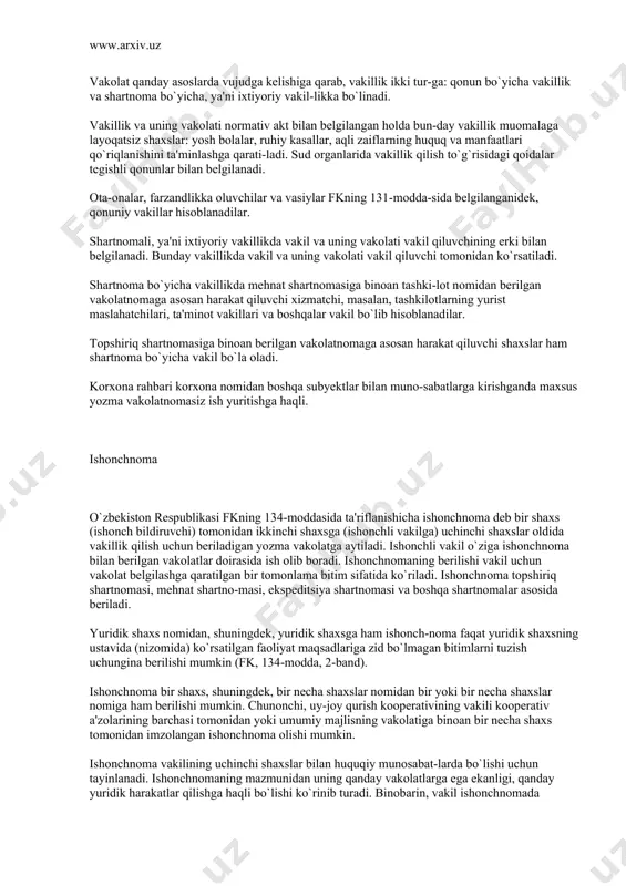 vakillari bo`lishlarini bildiradi. vakil bilan vakolat beruvchi o`rtasida vujudga keladigan huquqiy munosabatlardan vakilning yuridik harakatlari tufayli, jumladan, u tomo-nidan tuzilgan bitim tufayli, vakolat beruvchi bilan uchinchi shaxslar o`rta-sida vujudga keladigan huquqiy munosabatni ajratish kerak. agar vakil bilan vakolat beruvchi o`rtasidagi munosabat (ichki munosabat) shartno-maga masalan, topshiriq yoki mehnat shartnomasiga asoslangan yoxud boshqa turdagi yuridik faktlarga, chunonchi: tug`ilganlik, vasiylik, far-zandlikka olish faktlariga asoslangan vakolat beruvchi bilan uchinchi shaxs o`rtasidagi huquqiy munosabat (tashqi munosabat) vakilning uchin-chi shaxs bilan tuzgan bitimi asosida vujudga keladi. vakolat qanday asoslarda vujudga kelishiga qarab, vakillik ikki tur-ga: qonun bo`yicha vakillik va shartnoma bo`yicha, ya'ni ixtiyoriy vakil-likka bo`linadi. vakillik va uning vakolati normativ akt bilan belgilangan holda bun-day vakillik muomalaga layoqatsiz shaxslar: yosh bolalar, ruhiy kasallar, aqli zaiflarning huquq va manfaatlari qo`riqlanishini ta'minlashga qarati-ladi. sud organlarida vakillik qilish to`g`risidagi qoidalar tegishli qonunlar bilan belgilanadi. ota-onalar, farzandlikka oluvchilar va vasiylar fkning 131-modda-sida belgilanganidek, qonuniy vakillar hisoblanadilar. shartnomali, ya'ni ixtiyoriy …