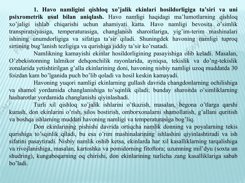 n, yozda 15 min oldin tashqariga olib chiqish kerak. rezervuarga o’ralgan batistni pipetkali ichaksimon rezinka nok bilan qishda kuzatish muddatidan 30 min yozda esa 4 min oldin ho’llash kerak. batistni ho’llagach, aspirator buraladi va u hisob vaqtida to’la ravishda ishlashi kerak. shuning uchun qishda hisobni boshlashdan 4 min oldin ikkinchi marta buraladi. 3. aspiratsion psixrometr yordamida havo namligini o’lchash. aspiratsion psixrometr bilan kuzatishlar quydagi tartibda olib boriladi: asbobning tuzilishi o’rganiladi; psixrometrning sxemasi daftarga chiziladi va unda havoning harakat yo’nalishi strelka bilan ko’rsatiladi; psixrometr shtativga o’rnatiladi; ichaksimon rezina nok suv bilan to’ldiriladi. nokni siqish bilan suv shisha pipetkadagi belgigacha ko’tariladi va nokning bo’g’ini qisqich bilan siqiladi; pipetka psixrometrning himoya trubkasiga kiritiladi va 3-5 sek ushlab turib termometr rezervuariga o’ralgan batist ho’llanadi. pipetkani trubkadan olmay turib, qisqich bo’shatiladi va ortiqcha suv yana nokka yig’iladi. shundan so’nggina pipetka trubkadan chiqarib olinadi; ventilyator prujinasi kalit bilan oxirigacha buraladi va vaqtni belgilab qo’yiladi; 4 minut …