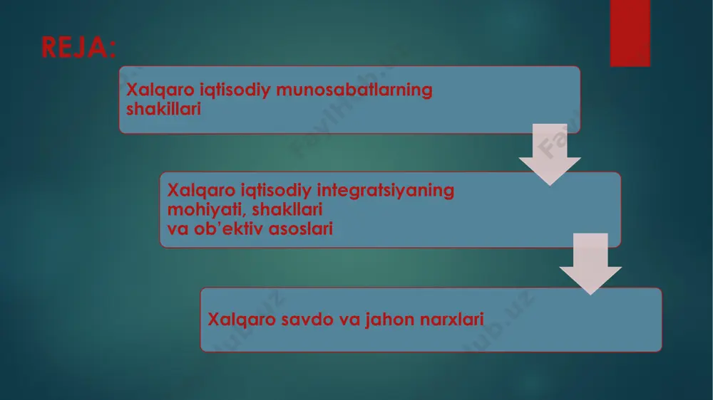 akomillashtirish va yangiliklarni joriy etish uchun rag‘bat yaratadi. bunga yevropa erkin savdo uyushmasi va mdh mamlakatlari o‘rtasidagi o‘zaro bitim misol bo‘la oladi bojxona ittifoqi. iqtisodiy integratsiyaning bu shakli erkin savdo hududlarining faoliyat qilishi bilan birga yagona tashqi savdo tariflari o‘rnatishni va uchinchi mamlakatga nisbatan yagona tashqi savdo siyosati yuritishni taqozo qiladi. yevropa ittifoqi (ei) bojxona ittifoqiga yorqin misoldir to‘lov ittifoqi. bu milliy valyutalarning o‘zaro erkin almashuvini va hisob-kitobda yagona pul birligining amal qilishini ta’minlaydi. yevropa hamjamiyati, janubi-sharqiy osiyo va mdh mamlakatlari uchun to‘lov ittifoqi pirovard maqsaddir umumiy bozor. bu iqtisodiy integratsiyaning ancha murakkab shakli bo‘lib, uning qatnashchilariga erkin o‘zaro savdo va yagona tashqi savdo tarifi bilan birga kapital va ishchi kuchining erkin harakati hamda o‘zaro kelishilgan iqtisodiy siyosat ta’minlanadi. bunga yevropa iqtisodiy ittifoqi yoki yevropa umumiy bozorini misol qilib keltirish mumkin. uning doirasida barcha boj to‘lovlari va import me’yor (kvota)lari bekor qilinadi, boshqa mamlakatlardan yevropa bozoriga tovarlar kirishi bir xil …