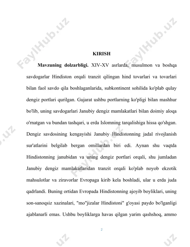 qila boshladilar. ushbu ekspeditsiyalardan biri natijasida amerika ham kashf etilgani ma'lum. boshqa ko'plab odamlar hindistonga etib kelishdi. hindistonga etib kelgan evropaliklar, birinchi navbatda portugallar, xv-xvi asrlarning boshlarida boshladilar. savdo yo'llari va savdo-sotiqni nazorat qilishni o'z qo'llariga to'plash, keyin ko'plab omborlar va faktoriyalar qurish, yangi aholi punktlari va portlarni yaratish, hatto mahalliy hukmdorlarning siyosiy kurashlariga faol aralashish. portugallardan keyin dunyoning ushbu mintaqasida gollandiyaliklar paydo bo'ldi, ammo ular tez orada o'zlarining sa'y-harakatlarini gollandiyalik hindiston, ya'ni indoneziya orollari deb ataladigan ziravorlarga boy resurslardan foydalanishga qaratdilar. shundan so'ng, frantsuz va inglizlarning navbati keldi, qolganlarini hisobga olmaganda, ular kamtarona pozitsiyalarni egalladilar. hindiston va unga tutash osiyo hududlarini mustamlaka qilish davri boshlandi. kurs ishining maqsad va vazifalari. mazkur ishning asosiy maqsadi, hindistonda angilya hukumatini o’rnatilishi o` masalalarni o`rganib, ularga xolisona baho berishdir. kurs ishining mavzusidan kelib chiqib, quyidagi vazifalar belgilandi: · hindistonning ijtimoiy-iqtisodiy ahvoli va davlat tuzumi. · ingliz mustamlakachiligining o`rnatilishi va uning oqibatlari. · hindislon …