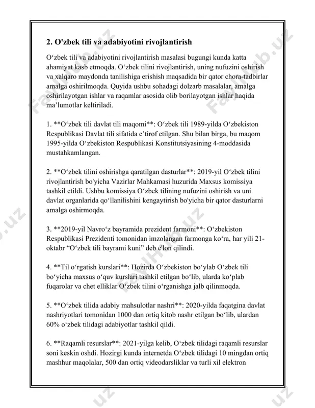 birlar nafaqat milliy ruhiyatni yuksaltirishga qaratilgan, balki xalqaro hamkorlikni rivojlantirishga ham xizmat qiladi. misol uchun, 2021 yilda toshkentda xalqaro ma’naviyat va ma’rifat konferensiyasi o'tkazildi. ushbu konferensiyada 30 dan ortiq mamlakatlardan 200 ga yaqin mutaxassislar ishtirok etdi. ma'naviyat va ma'rifat tadbirlarining o‘sishida ommaviy axborot vositalari, xususan, davlat televideniyesi va radio kanallari muhim rol o‘ynaydi. har yili ular orqali ma'naviy-ma'rifiy mavzularni qamrab oluvchi 10 mingdan ortiq tele-radio dasturlar e’lon qilinadi. shu kunga qadar mamlakat bo‘ylab 5 mingdan ortiq ma’naviyat va ma’rifat burchaklari tashkil etilgan bo‘lib, ular jamiyat a’zolarini, ayniqsa, yoshlarni milliy qadriyatlar va tarixiy xotira bilan tanishtirishga qaratilgan. 2023 yilning birinchi yarmida bu burchaklarga 1 milliondan ortiq odam tashrif buyurgan. ma'naviyat va ma'rifat tadbirlarining barchasi xalqning ma’naviy hayotini boyitish, jamiyatda tinchlik va barqarorlikni mustahkamlash, hamda kelajak avlodlar uchun yetuk ma’naviy-axloqiy muhit yaratishga qaratilgan. 4. yoshlar o'rtasida vatanga sadoqat hissini mustahkamlash albatta, ushbu mavzuda sizga ma'lumot beraman. o‘zbekiston respublikasida yoshlarga oid davlat siyosati …