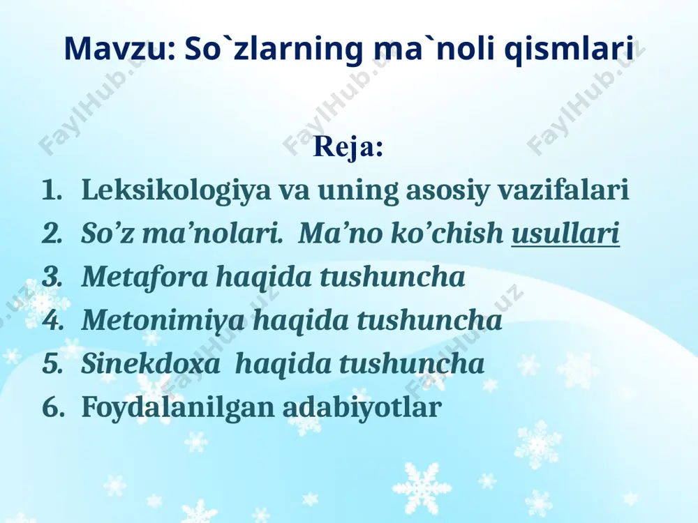 unosabatlarni yuzaga keltiradi.tilning eng muhim birliklaridan bo‘lgan so‘zlarga xos bu umumiyliklar leksikologiyaning asosiy tekshirish ob’yektidir. so’z ma’nolari. ma’no ko’chish usullari leksikologiya va leksika atamalari. 1.leksikologiya tilshunoslikning mustaqil bo’limi bo’lib, yunoncha lexikos—lug’at, so’z so’zga doir va logos—ta’limot so’zlarinig birikuvidan iborat bo’lib, leksika (so’z) haqidagi ta’limot demakdir. demak,soz va uning ma’nolarini o’rganuvchi tilshunoslikning bo’limga leksikologiya (ba’zan leksika) deyiladi 2.bu bo’limda tilning lug’at boyligi, so’z va uning lug’aviy ma’nolari , so’z va uning ko’chma ma’nolari ma’no ko’chish usullari so’zlarning qo’llanish doirasiga ko’ra turlari o’rganiladi. 3.leksika atamasi 2 ma’noda ishlatiladi. a)tilning lug’at tarkibi , so’zlar yig’indisi b) lug’at tarkibini o’rganuvchi tilshunoslikning alohida bo’limi; leksika atamasining ikkinchi ma’nosi uchun leksikologiya atamasi ham qo’llaniladi. so’z va uning ma’nolari 1.ma’lum ma’no bilan bog’langan va morfologik shakllangan tovush yoki tovushlar birikmasi so’z sanaladi. 2. so’z ikki xil ma’no bildiradi. bu ikki xil so’zni biz opa so’zi orqali ko’rib chiqaylik. - opa so’zi aka,uka singil so’zlai bilan qarindoshlik ma’nosi …