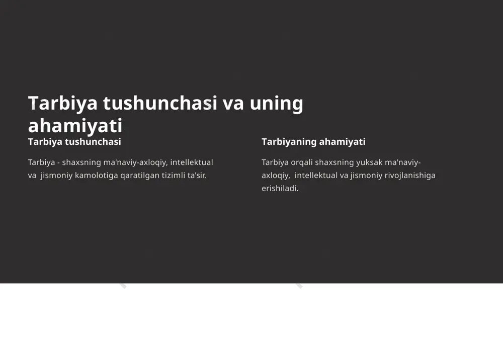 o'quvchilarda tarbiya jarayoniga qiziqish, e'tibor, ehtiyoj va motivatsiyani shakllantirish. 2 amalga oshirish bosqichi tarbiya maqsad va vazifalarini amalga oshirish, ya'ni tarbiya jarayonida faol ishtirok etish. 3 baholash bosqichi tarbiya samaradorligini baholash, o'quvchilardagi o'zgarishlarni nazorat qilish. tarbiya jarayonida innovatsion texnologiyalardan foydalanish interaktiv multimedia audio, video, animatsiya va simulyatsiyalar orqali o'quv materiylarini yetkazish. masofaviy ta'lim internet texnologiyalaridan foydalangan holda masofaviy o'qitish va nazorat qilish. loyiha asosida ta'lim muammoli vaziyatlarni yechishda jamoaviy loyihalarni amalga oshirish. tarbiya jarayonida o'qituvchi-o'quvchi hamkorligini ta'minlash 1 ishonch o'qituvchi va o'quvchi o'rtasida o'zaro ishonch muhitini yaratish. 2 hamkorlik o'qituvchi va o'quvchining hamkorlikdagi faoliyatini tashkil etish. 3 yordamlashuv o'qituvchi tomonidan o'quvchilarga mustahkam yordam ko'rsatish. tarbiya jarayonida oila, mahal a va jamoatchilik hamkorligini oshirish oila tarbiya jarayonida oilaning faol ishtirokini ta'minlash. mahalla mahalla jamoatchiligining tarbiya jarayonidagi ishtirokini kuchaytirib borish. jamoatchilik tarbiya jarayonida turli jamoat tashkilotlari va xayriya jamg'armalarining ishtirokini ta'minlash. tarbiya samaradorligini oshirish bo'yicha tavsiyalar tarbiya maqsadlarini aniq belgilash tarbiyaviy dasturlarni …