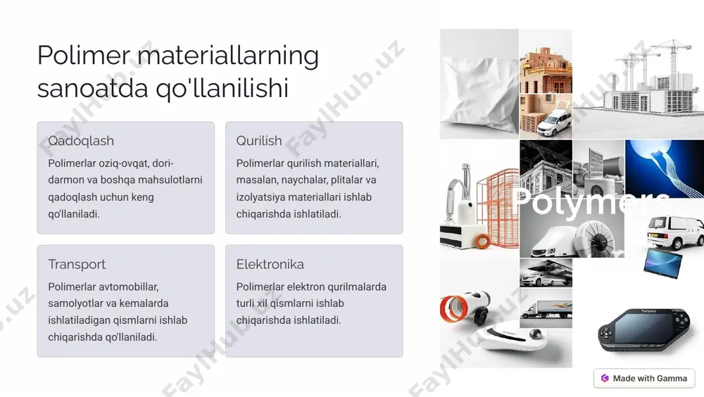 n ekologik jihatdan foydaliroq. 2 raµ�«aäµ�µ� �¾äã�µ«��� oledlar kengroq rang gammasini taklif etadi va shuning uchun rasm sifati yuqori. 3 k¾'ä�ì� b�äc�a�� oled ekranlar kengroq ko'rish burchagiga ega, bu esa har qanday burchakdan tomosha qilishga imkon beradi. 4 m¾ì«aì���c�aµ«�¨ oled ekranlar egiluvchan va bardoshli, bu esa ularni turli xil shakllarda ishlatishga imkon beradi. https://gamma.app/?utm_source=made-with-gamma e«p¨øä¾µ�¨a ìaµ¾aø�ja�� �aµ�� á¾«�³pä ³aøpä�a««aä 1 gäa�pµ yaxshi elektr o'tkazuvchanligi va mexanik chidamlilik. 2 kaäb¾µ µaµ¾ø�ba«aä yuqori kuchlilik va issiqlikka chidamlilik. 3 b�¾á¾«�³pä«aä odam tanasiga mos keladi va tibbiy asboblar uchun foydali. 4 oä�aµ�¨ �aä�³¾'ø¨a(��c�«aä yengil, moslashuvchan va arzon elektron qurilmalarni yaratishga imkon beradi. https://gamma.app/?utm_source=made-with-gamma polimer materiallarning kelajagi va rivojlanish tendensiyalari polimerlar elektronika sanoatida muhim rol o'ynaydi va kelajakda ham o'z ahamiyatini saqlab qoladi. yangi turdagi polimerlarni ishlab chiqish va ularni elektronika sanoatida qo'llash yo'llari izlanmoqda. bu esa elektron qurilmalarni yanada samarali, arzon, bardoshli va ekologik jihatdan foydali qilishga imkon beradi. https://gamma.app/?utm_source=made-with-gamma