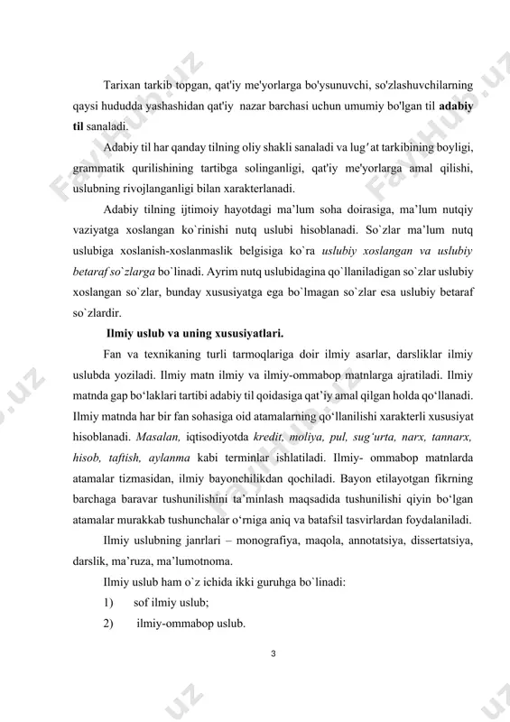 y uslubda fan va texnikaning turli tarmoqlariga oid ilmiy asarlar, darslik va o’quv qo’llanmalari yoziladi. bu uslub aniq, daliliy ma’lumotlar asosida chiqarilgan ilmiy xulosalar (qoidalar, ta’riflar)ga boy bo’lishi bilan boshqa uslublardan farqlanadi. ilmiy uslub ham adabiy tilning ko’rinishi bo’lib, bir qator o’ziga xos xususiyatlarga ham ega: monologik belgilari bilan boshqa uslublardan ajralib turadi; obrazli tasvirlar bilan emas, balki aniq ma’lumotlarning xolis, umumlashgan xususiyatlarini ta’riflash, tushunchalarga muvofiq keladigan terminlar bilan ish ko’radi. kitobxonning his-tuyg’usiga emas, ongiga ta’sir etadi. badiiy uslub va uning xususiyatlari. badiiy uslub (tilning ta’sir qilish, targ’ibot, tashviqot vazifasi) - inson hayotining barcha tomonlarini qamrab oladi. bu uslub barchaga barobarligi, o’quvchiga va tinglovchiga emotsional ta’sir etishi bilan boshqa uslublardan farq qilib turadi. bu uslubda muallif tilning barcha leksik, grammatik vositalaridan foydalanishi, turli ifodaviy vositalarni qo’llashi mumkin. boshqa uslublarning materiallaridan badiiy uslubda bemalol foydalanish mumkin. shunga ko’ra, badiiy uslub keng imkoniyatga ega uslub turi hisoblanadi. badiiy uslub badiiy adabiyot, ya’ni …