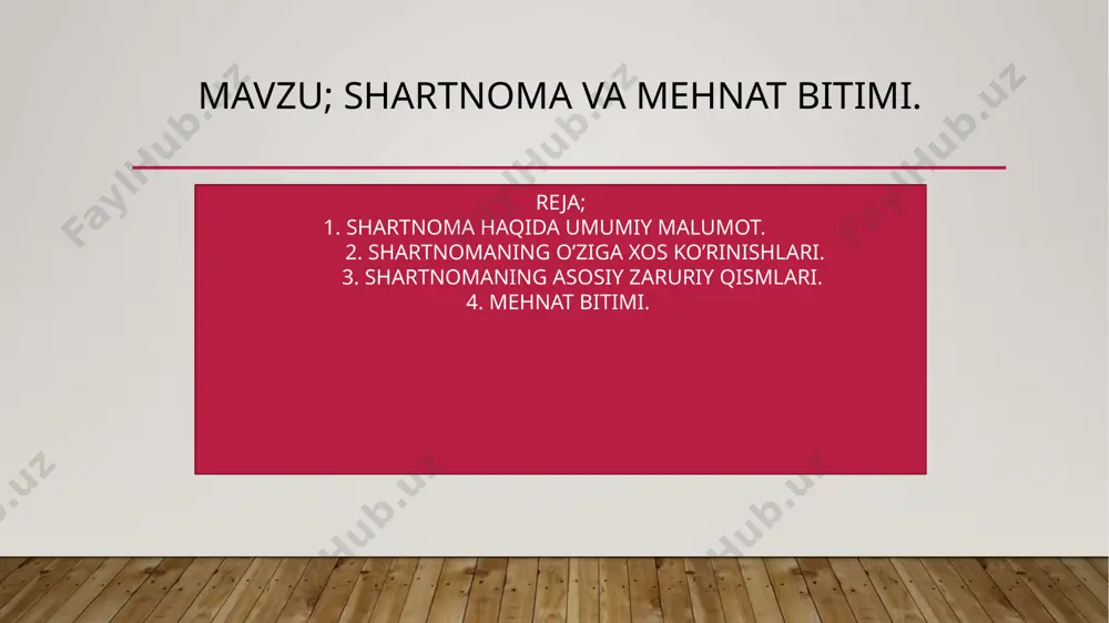 boblar bandlarga bo'linib, ularning tartib raqamlari arab raqamlari bilan ko'rsatiladi. xuddi shu yerda nizolarni ko‘rib chiqish tartibi, shartnomaning umumiy summasi, uning umumiy amal qilish muddati ham bayon qilinadi). 6. tomonlarning yuridik manzillari. 7. tomonlarning imzolari va muhrlari shartnomalar ularni tuzishga vakil qilingan shaxslar tomonidan imzolanadi; bunda «imzo» degan zaruriy qismda imzo qo'ygan shaxslarning lavozimlari emas, balki shartnomaviy munosabatlar o‘rnatayotgan yuridik shaxslarning (to‘liq yoki qisqargan) nomi ko'rsatiladi. shartnomalar ikki nusxadan kam tuzilmasligi kerak, chunki har bir yuridik shaxsning hujjatlar yig‘masida uning kamida bir nusxasi bo'lishi kerak. shartnomaning barcha nusxalari bir xil yuridik kuchga ega bo'ladi. shartnomaning matni varaqning har ikkala tomoniga kompyuterda yoki yozuv mashinkasida bir oraliq bilan yoziladi, boblarning bandlari esa, o‘zaro bir yarim oraliq bilan ajratiladi. «sh a r t n о m а» so‘zini katta harflar bilan orasini ochiq qilib yozish tavsiya etiladi. shartnoma va ularning turlari oddiy xo‘jalik shartnomalari yetkazib berish shartnomasi ijara shartnomasi yengil avtomashinani hadya …