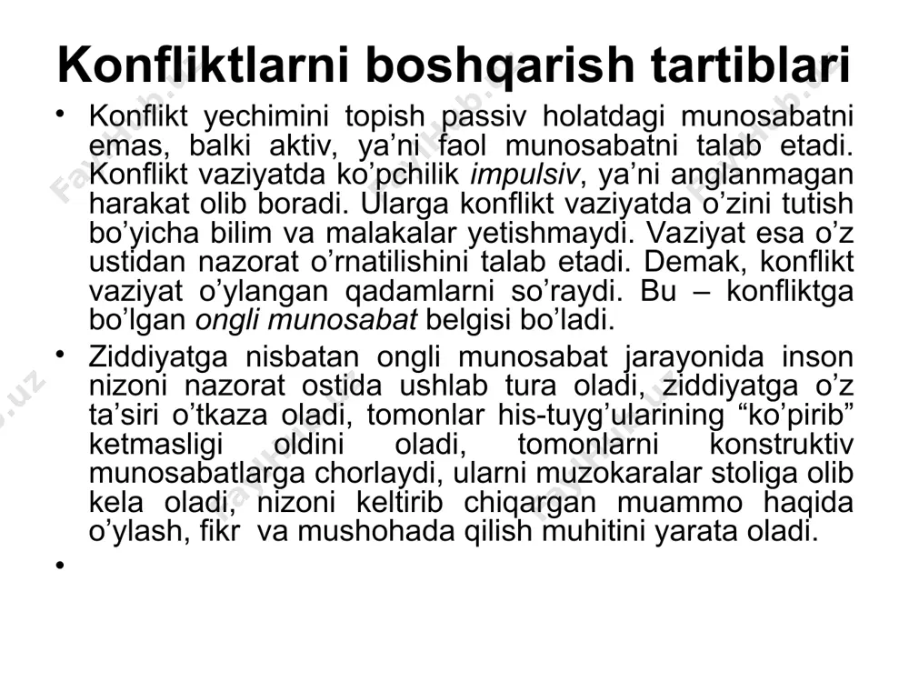 ’lishi mumkin. ikkinchi qadam tahlili konflikt vaziyatda inson mana shu vaziyatning bo’lmasligi mumkinligi, ideal holatda uning qanday bo’lishi mumkinligi masalasiga juda katta kuch sarflaydi. siz ziddiyat orqali eng aziz odamlaringiz bilan munosabatlarning buzilganligidan hijolat bo’lasiz, ularni yangitdan o’rnatmoqchi bo’lasiz “u menga bunday qo’pol gapirmasligi kerak edi”, “men o’zi unga kimman, agar meni hurmat qilsa, bunday demagan bo’lar edi”, “nima uchun u mening hayotimga aralashadi, men mustaqil odamman-ku”, “boshliq bo’lsa o’ziga, nima, hadeb baqiraverishi kerakmi?!”... mana shunday fikrlar konfliktlar doirasida inson ichki emosional holatining kuchayib ketganligida ro’y beradi bunday holatlarga biz o’zga odamlar qilgan amallarni o’zimizning emosional qadriyatlarimiz bilan o’lchaymiz, ammo ularning o’z emosional qadriyatlari mavjudligini esdan chiqaramiz uchinchi qadam tahlili konflikt vaziyat va uning tahlili bizni ko’p narsalarga o’rgatadi. konflikt vaziyat va uning yechimini qidirish juda katta hayotiy tajriba beradi har bir vujudga kelgan konflikt bu sizning o’sish va ulg’ayish jarayoningiz hisoblanadi konfliktga real yondashuv qiyinchiliklarni bo’yamasdan va bo’rttirmasdan qabul …