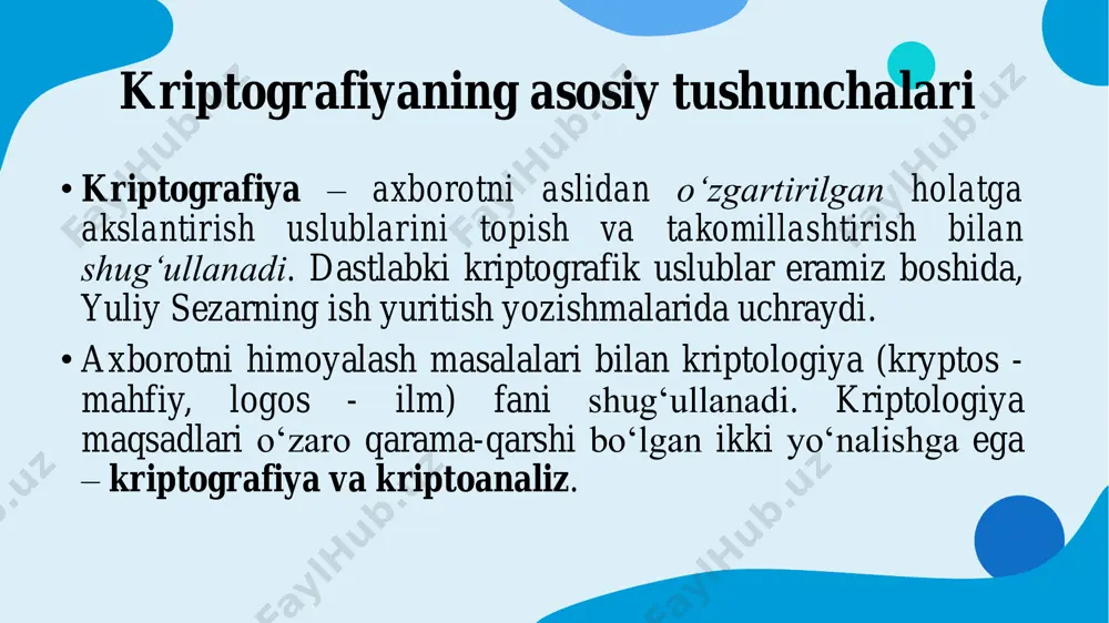 rasida aes (advanced encryption standard) va des (data encryption standard) mavjud. asimmetrik shifrlash: assimetrik shifrlash bir juft kalitdan foydalanadi: shifrlash uchun ochiq kalit va shifrni ochish uchun shaxsiy kalit. ochiq kalit bilan shifrlangan xabarlar faqat tegishli shaxsiy kalit bilan shifrlanishi mumkin. rsa va ecc (elliptic curve cryptography) assimetrik shifrlash algoritmlariga misoldir. • kriptografik xesh funksiyalari: kriptografik xesh funksiyasi kirish ma'lumotlarini (to‘g‘ri matn) oladi va xesh qiymati yoki dayjest sifatida tanilgan qat'iy uzunlikdagi belgilar qatorini ishlab chiqaradi. xesh funksiyalari ma'lumotlar yaxlitligini tekshirish, raqamli imzolarni yaratish va parollarni xavfsiz saqlash uchun ishlatiladi. masalan, sha-256 va md5. • raqamli imzolar: raqamli imzolar xabar yoki hujjatning haqiqiyligi va yaxlitligini tekshirish usulini taqdim etadi. ular shaxsiy kalit yordamida yaratilgan va tegishli ochiq kalit yordamida tekshirilishi mumkin. raqamli imzolar odatda xavfsiz aloqa va autentifikatsiyada qo‘llaniladi. • autentifikatsiya: kriptografiya aloqada ishtirok etayotgan tomonlarning shaxsini tekshirish uchun ishlatiladi. bu siz yolg‘onchi emas, balki mo‘ljallangan oluvchi bilan muloqot qilishingizni …