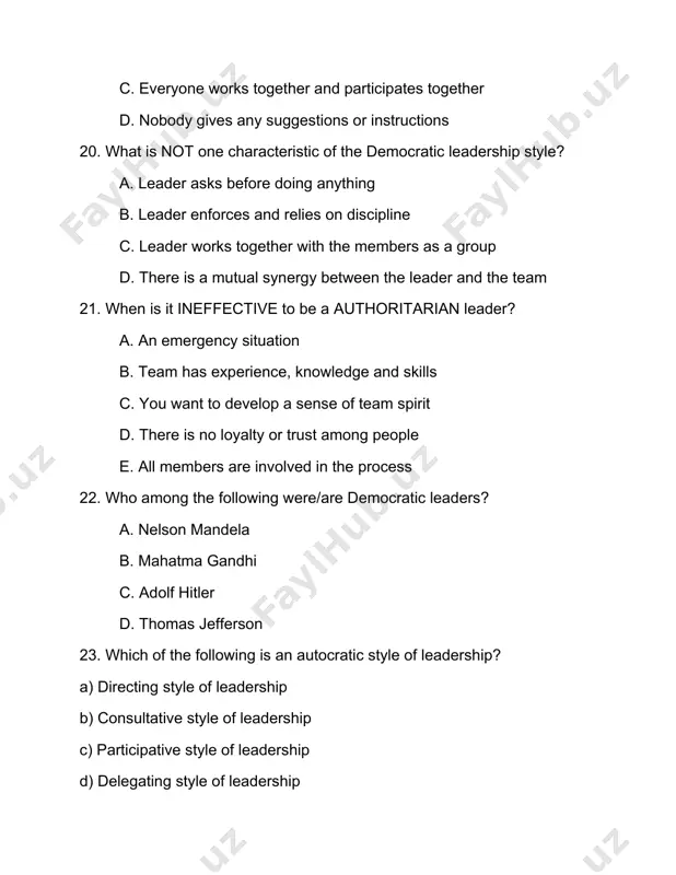 authoritarian, democratic, laissez-faire; and task and interpersonal (b). authoritarian, democratic, heterogeneous; and task and interpersonal (c). authoritarian, equal, laissez-faire; and task and interpersonal (d).none of these 35. a boss asking the employee to suggest the due date for the given task would be a representation of? (a). laissez – leadership communication style (b). democratic – leadership communication style (c). authoritarian – leadership communication style (d). interpersonal – leadership communication style 36. the terms “employee-oriented leaders” and “production-oriented leaders” are associated with which of the following research efforts to recognize and identify the communication patterns of leaders of the team? (a). concern for production (b). theory x management (c). michigan leadership studies (d). initiating structure 37. a boss allowing his employee to do his own work is the representation of? (a). authoritarian – leadership communication style (b). democratic – leadership communication style (c). laissez-faire – leadership communication style (d). task – …