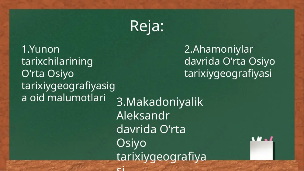 edoniya podshosi filipp ii va uning rafiqasi olimpiadaning oʻgʻli. aristoteldan taʼlim olgan, harbiy ishni ot-asidan oʻrgangan. 336-yil filipp ii fitnachilar tomonidan oʻldirilgach, makedoniya taxtiga oʻtirgan. spitamen (yun. — spitamenes, sugʻdcha — spitamana) (—mil. av. 328) — sutdiyonada vatan ozodligi yoʻlida aleksandr (iskandar)ga qarshi koʻtarilgan xalq qoʻzgʻoloni (spitamen qoʻzgʻoloni) rahbari. yozuvchi v. v. yanningyozishicha, sipitamenning onasi — sugʻd, otasi — sak qabilasiga mansub aslzoda xonadondan boʻlgan.sipitamen yoshligida abjir, chaqqon yigit boʻlib oʻsgan. otda chopish, kamon otish, qilichbozlikda unga hech kim tenglasha olmagan. sipitamen dastlab doro iii ning, soʻngra bessning lashkarboshilaridan, yaqin safdoshlaridan boʻlgan. bess oʻlimidan soʻng, yunonmakedon istilochilariga qarshi 3 yil davomida mardona karshilik koʻrsatgan. quldorlik davlati (mil. av. 256—248 ylar orasi — mil. av. 140—135 ylar).asoschisi salavkiylarning baqtriyadagi satrapi diodot hisoblanadi. mil. av. 250 yilda u oʻzini baqtriyaning mustaqil hukmdori deb eʼlon qiladi. davlat hududiga hozirgi janubiy tojikiston, janubiy oʻzbekiston va afgʻoniston kirgan. yu.yunon-baqtriya podsholigi kuchaygan paytlarda unga pokiston, shimoliy …