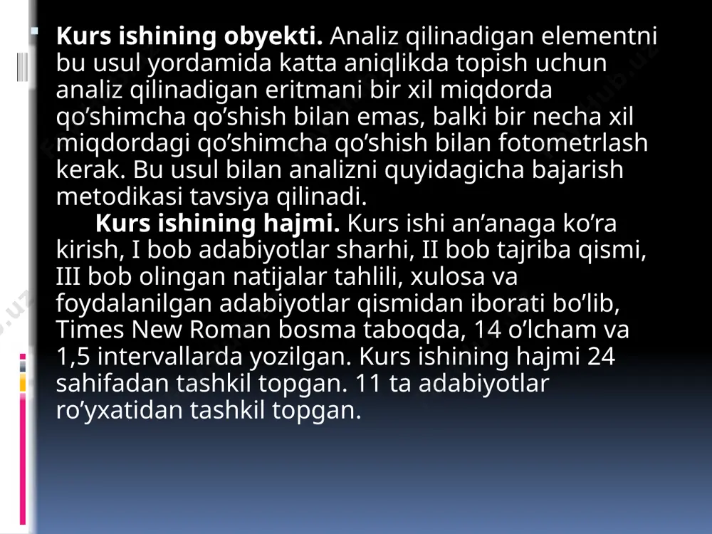 yutish koeffitsentlari 5000 – 10000 dan kam bo’lmaganmahsulotlar hosil qiladigan reaktsiyalar yaroqlidir. bu holda reaktsiya nihoyatda sezgir bo’ladi. barcha fotometrik o’lchashlar mutlaqo bir xil sharoitlarda o’tkaziladi: zaruriy reagentlar tekshiriluvchi eritmaga ham, taqqoslash eritmasiga ham qo’shiladi va ph, temperatura hamda eritmalar hajmi tenglashtirib turiladi. 1.3.alangali fotometriyada ishlatiladigan asboblar alangali fotometriyada ishlatiladigan asboblar. alangali fotometriyada ikki xil turdagi asboblar ishlatiladi: alangali fotometrlar; alangali spektrofotometrlar. alangali fotometrlarda alanganing nur chiqarish spektrlaridagi kerakli spektr chiziqlar yoki polosalarni absorbtsion yoki interferentsion yorug’lik filtrlari, alangali spektrofotometrlarda esa difraktsion monoxromatorlar yordamida ajratiladi. fotometrlar asosan oson qo’zg’aluvchan holatga o’tadigan ishqoriy – yer elementlarining atomlarini aniqlashda ishlatiladi. alangali fotometrlarning aniqlash doirasi juda katta emas, ammo tuzilishi va ishlatilishi juda oddiy va oson, hamda narxi arzondir. alangali spektrofotometrlarning esa aniqlash darajasi juda katta, d.i.mendeleevning kimyoviy davriy sistemasidagi qariyb hamma elementlarni aniqlash mumkin. yorug’lik manbalaridagi yuqori temperatura (minglab va o’nminglab gradus) ta‘sirida ko’pchilik moddalarning molekulalari atomlarga parchalanadi. shuning uchun emission usullar …
