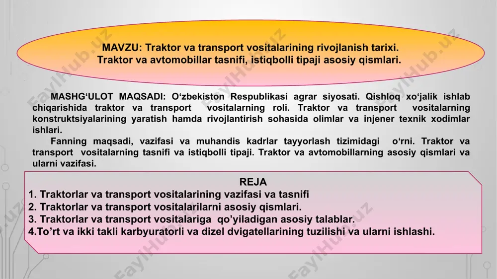 z traktorlar ostovi traktor transmissiya mexanizmlarning birlashtirish natijasida hosil bo’ladi (t-25a) traktorlarni tortish kuchiga qarab: 2,0 kn tortish kuchiga- ega bo’lgan sinfga asosan kam quvvat talab etadigan jarayonlarni (bog’dorchilik, sabzavotchilik va parniklar) bajarish uchun piyoda yurib boshqariladigan traktorlar kiradi. 6,0 kn tortish kuchiga- ega bo’lgan sinfga ikki tsilindrli, dizel havo bilan sovitiladigan, quvvati 25 o.k. gacha bo’lgan dizel dvigatelli traktorlar kiradi. 9,0 kn tortish kuchiga- ega bo’lgan sinfga dvigatelning quvvati 50 o.k.gacha bo’lgan traktorlar kiradi. bu traktorlar universal bo’lganligi sababli keng miqiyosda, turli jarayonlarni bajarishda ishlatiladi. 14,0 kn tortish kuchiga- ega bo’lgan traktorlar juda keng tarqalgan. dvigatelning quvvati 75-80 o.k. ga teng bo’lgan mtz-80 traktori bu sinfning bazaviy modeli hisoblanadi. 20,0 kn tortish kuchiga- ega bo’lgan traktorlar asosan lavlagi yetishtirishda, uzumchilik va bog’dorchilikda ishlatishga mo’jallangan bo’lib, t-70s markali bo’lgan traktorlar mansubdir. 30,0 kn tortish kuchiga- ega bo’lgan traktorlar asosiy ishlarni bajarish ya’ni yer xaydash, ekish, yer yuziga ishlov berish, yig’im-terim …