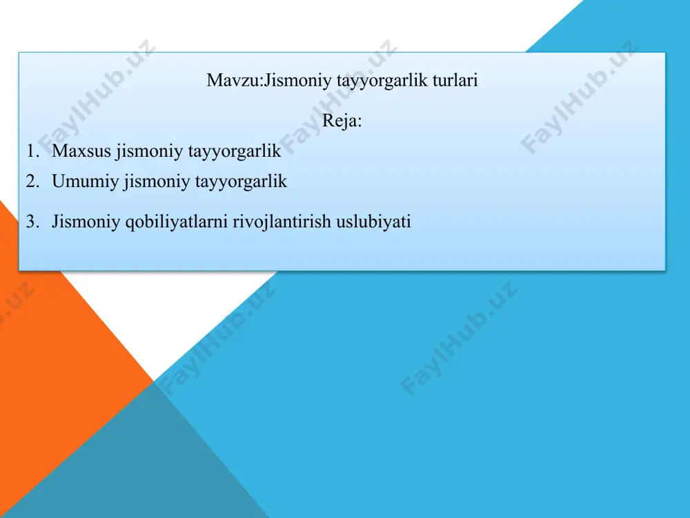 tashkil etilgan ja-rayon bo'lib, jismoniy sifatlarni tarbiyalashga va mukammallash-tirishga hizmat qiladi hamda badiiy gimnastika mashqiarini tex-nikasini muvaffaqiyatli bajarishga va uni takomillashtirishga imkoniyat yaratadi. hozirgi vaqtda 7 ta asosiy jismoniy qobiliyat ajratib ko'rsatiladi (ba'zida ularni harakat yoki psixomotor qobiliyatlar deb atashadi): koordinatsiya - mushak faoliyatini maqsadga muvofiq tarzda tashkil eta bilish qobiliyati va chaqqonlik - yangi harakatlarni o'zlashtirish hamda faoliyatni vaziyatga qarab o'zgartira bilish qobiliyatidir. egiluvchanlik - bo'g'imlardagi harakatchanlik - harakat­larni katta amplituda bilan faol va sust tarzda bajarish qobi­liyatidir. kuch - tashqi qarshilikni yengib o'tish yoki unga statik va dinamik harakatlardagi mushak qisqarishlari hisobiga qarshi tura olish qobiliyatidir. tezlik - ko'rsatilgan ta'sirga tezda javob berish (reaktsiya) va harakatlarni katta tezlik va chastota bilan bajara olish qobiliyati. sakrovchanlik - turfilish (biron nimaga tayanib itarilish) balandligida namoyon bo'ladigan tezlik-kuch qobiliyati. muvozanat - statik va dinamik mashqlarda muvozanatni saqlab turish qobiliyati. 7. chidamlilik - charchashga qarshi tura bilish qobiliyati. keyingi paytlarda badiiy gimnastika …