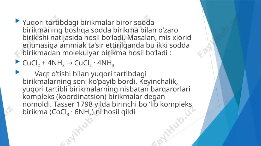 itallarining gibridlanish turiga, ligandning tabiati va dentatligiga bog’liq bo’ladi. ko’pchilik hollarda oksidlanish darajasi +1 bo’lgan (ag+) ionlarning koordinatsion soni 2, oksidlanish darajasi +2 va +3 bo’lgan (hg2+, zn2+,cu2+, fe3+, fe2+, cr3+, al3+, co3+, ni2+,ni3+, mg2+, ca2+, pt2+, pd2+) ionlarning koordinatsion soni 4, 5, 6 oksidlanish darajasi +4 va +6 bo’lgan ionlar (pt4+ rd4+, ir4+, os4+, ru4+, moo22+, wo22+)ning koordinatsion soni 6, 8 va ba'zan 12 gacha yetishi mumkin. kompleks birikmalarning asosiy tarkibiy qismlaridan biri ligandlardir. ligandlar — bular atomlearida bir yoki bir necha (kimyoviy bog’lanishda ishtirok etmagan) elektron jufti bo’lgan manfiy zaryadi ionlar (cl-, br -, i-, f-, cns-, cn-, oh-, so42- , no2- no3-, co32-,s2- , ch3coo-, hcoo-) va neytral molekulalar (h2o, hn3, co, no, c6n6, c2h2, nh(ch3)2 - dimetilamin, h2n-ch2- ch2nh2 — etilendiamin, p(ph)3 — trifenil fosfin va yana boshqa tarkibida azot, kislorod, oltingugurt atomlari saqlagan ko’pchilik moddalardir. har bir ligandning markaziy atom koordinatsion sonining qancha (nechta) sini …