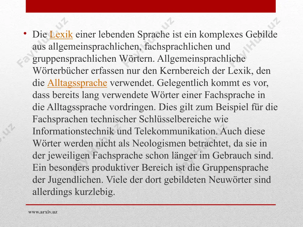 der gegenstand, den dieses wort bezeichnet, verschwindet aus unserer alltagswelt (lehnsherr, lochkarte, lure). diese wörter werden auch historizismengenannt. sie müssen zum beispiel immer dann verwendet werden, wenn über den mit dem wort bezeichneten sachverhalt gesprochen oder geschrieben werden soll. www.arxiv.uz lexikografische behandlung von archaismen archaismen werden in wörterbüchern, die den wortschatz einer sprache in ihrem gegenwärtigen gebrauch kodifizieren, als veraltend oder veraltet markiert. dies sind kandidaten für die tilgung in zukünftigen auflagen des wörterbuchs. sie werden immer wieder mit in wörterbücher aufgenommen, um kompetenzen für die rezeption zeitlich zurückliegender texte zu bewahren und auszubilden. mit osman, 2003 (s. u. literatur, erstmals 1971), liegt für das deutsche ein spezialwörterbuch dieses pragmatisch markierten lemmatyps vor. pragmatischer wert von archaismen der pragmatische oder rhetorische wert der verwendung von archaismen in einem gegenwartssprachlichen kontext liegt darin, ein bestimmtes zeitkolorit zu erzeugen (z. b. in literarischen werken), oder auch darin, eine person durch ihre sprechweise …