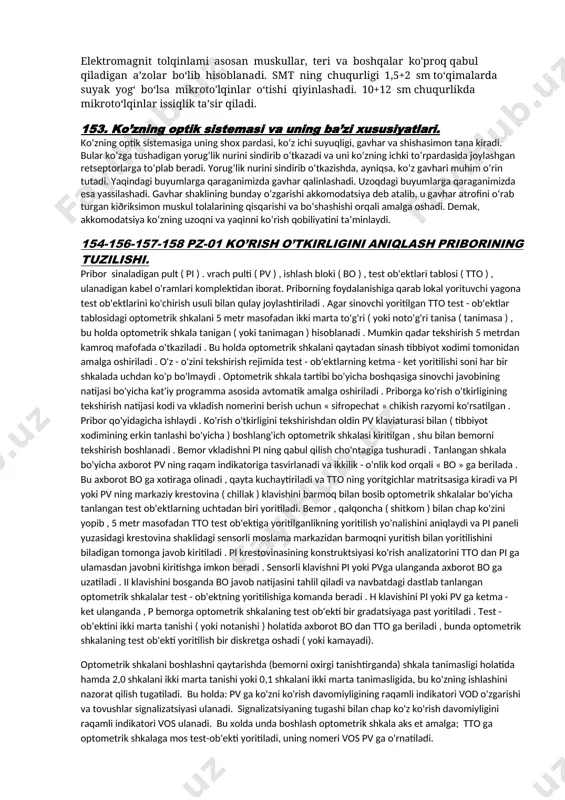 rda isish ham kamroq boiadi. kluktmuignit toiqinlarni har xil yutish koeffitsiyent i i muhitlar chegarasida, masalan, suv miqdoriyuqori va past boigan to‘qimalar chegarasida turg‘un to’lqinlar: hosil boiishi mumkin, bu esa to‘qimalarni mahalliy isitishda sababchi boiadi. ayniqsa, ortiqcha isishga qon bilan ta’minlanishi kam boigan to'qimalar moyil boiadi va demak, termoregnlyatsiyasi (issiqlikni boshqarish) yomon boladi, masalan, ko‘z gavhari, shishasimon jism va boshqalar. yuqori chastotali terapiya - davolash maqsadida turli diapozondagi mikrotoiqinli elektromagnit maydonlar bilan organizmga ta’sir etish usuli boiib hisoblanadi. santimetr toiqinli terapiya (stt) - organizm to‘qimalariga 0 ‘yuch elektromagnit maydon (chastotasi 2375 va 2450 mgts toiqin uzunligi esa 12,6 va 12,2 sm) bilan bevosita toiqin chiqaruvchi nurlantirgichlami kontakt usulida yoki ta’sir yuzalaridan ulami 5 sm masofada joylashtirish y o ii hilan ta’sir etuvchi davolash usulidir. stt uchun quyidagi apparatlar ishlatiladi;, luch -58, quyvati 150 vt (3.31- rasm), luch-2, luch-2 m, luch -3 (3.32 - rasm) va luch-3 m, quwati 20 vt. …