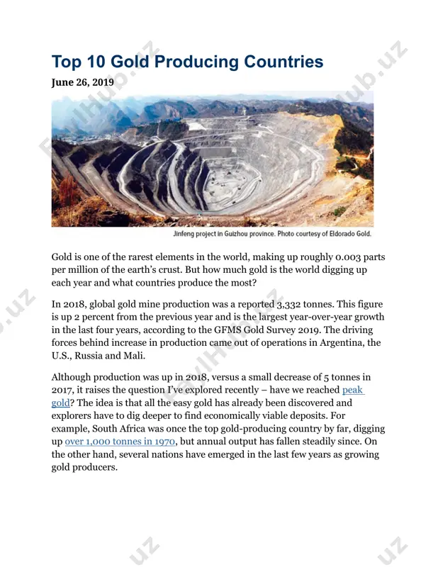 in 2017 toronto-based seabridge gold stumbled upon a significant goldfield in northern british colombia after a glacier retreated and is estimated to contain a whopping 780 metrics tonnes. this could be a source of increased output in the coming years. 6. indonesia – 190.0 tonnes indonesia overtook peru to grab the number six spot. the island nation posted the biggest production increase in 2018 of 23 percent, or 36 tonnes. a high-grade development in the grasberg open pit operation drove most of the gains, with the giant producing nearly 40 percent of the country’s total gold output. the indonesian government has been restructuring environmental and taxation policies, which were negatively impacting the mining industry for a few years. 7. peru – 155.4 tonnes gold output fell for a third consecutive year in peru, by 7 tonnes, largely due to crackdowns on illegal mining operations in the la pampa region and …