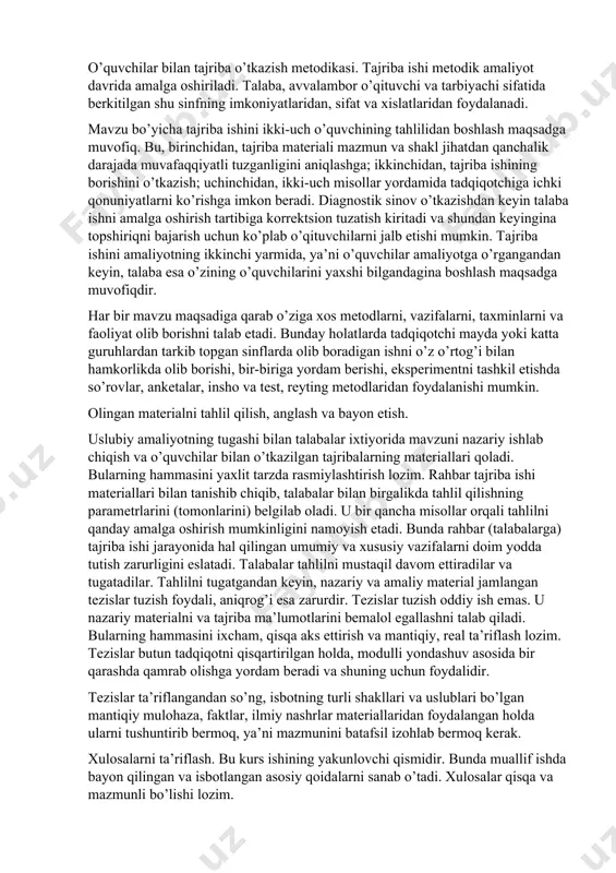 itoblarni tavsiya etish foydadan xoli emas. talabalar ulardan bevosita mavzuga bag’ishlangan ilmiy maqolalar, monografiyalar, ilmiy-ommabop adabiyotlar, shu bilan birga mazmun jihatdan yaqin bo’lgan axborotlarni topa oladilar. tanlab olingan adabiyotni talabalar o’qituvchiga ko’rsatadilar va u bilan kelishgan holda o’rganadilar. turli mualliflarning bir qancha nashr qilingan ishlarini o’zlashtirish jarayonida talaba tafakkurida olingan axborotlarni tahlil etish, maqsad bo’yicha qismlarga ajratish, taqqoslash, umumlashtirish hamda ular orasidagi o’zaro o’xshashlik va farqni topa olishlari muhimdir. agar talaba eksperimental xarakterdagi ilmiy nashr ustida ishlayotgan bo’lsa, uning diqqatini vazifalarni qo’ya bilish va tadqiqotchi tomonidan foydalanilgan metodikaga qaratish kerak. o’qish jarayonida talabada kurs ishi to’g’risidagi yaxlit tasavvur hosil bo’lishi kerak. bundan tashqari u konkret vazifalarni qo’ya bilishga to’g’ri yondasha olishi kerak. so’zsiz, bularning hammasi oddiygina jarayonlar emas. bunday holatda o’qituvchining yordami juda zarurdir. tadqiqot vazifalarini ta’riflash va metodikani tanlash. tadqiqotning umumiy vazifasi aniq ta’riflanishi va talabaga tushunarli bo’lishi lozim. u ayrim vazifalarni ajratib olish yo’li bilan detallashtirilishi (batafsil o’rganilishi) …