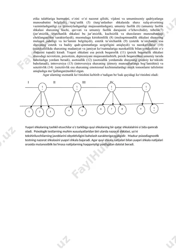 ydi. konstitutsional dispozitsiyada o‘rganish muammosi temperamentga qaratilgan bo‘lib, bu boradagi ishlarni v.s.merlin “temperament nazariyalaridan ocherklar” kitobida “temperament belgilari to‘g‘risida turli mualliflar xilma xil qarashlarga ega ekanligini qayd etib o‘tdi. a.ben (1886) temperamentga keraksiz, o‘rganishga hojat qolmagan muammo sifatida qaradi. a.f lazurskiy ham a.benning fikrlarini tasdiqladi va temperament haqidagi ta’limot o‘z davrini yashab bo‘ldi, degan xulosani berdi” differensial psixofiziologiyada bu borada anchagina ishlar qilingan bo‘lib, yangiliklarga asos solindi. natijada keng tatbiq etishga yaroqli psixodiagnostik metodikalar paydo bo‘ldi. strelyauning (polyak psixologi) «temperamentni o‘rganish test-savolnomasi» psixofiziologik konsepsiyaga asoslanadi (pavlov-teplov). test-so‘rovnoma 134 savoldan iborat bo‘lib, birinchi shkalada 45, ikkinchi shkalada 44 va uchinchi shkalada 45 ta savol mavjud. g.y.ayzenk i.p.pavlov va k.g.yung qarashlarini birlashtirib, individuallikning ikki asosiy parametrini ko‘rsatishga muvaffaq bo‘ldi: «ekstraversiya-introversiya», «neyrotizm-emotsional barqarorlik». ushbu so‘rovnoma 57 savoldan iborat bo‘lib, unda: 1. ekstraversiya-introversiya-24 ta savol. 2. neyrotizm-barqarorlik –24 ta savol. 3. yolg‘on –rostgo‘ylik -9 ta savol. melanxolik xolerik flegmatik sangvinik beqarorlik barqarorlik introversiya ekstraversiya …