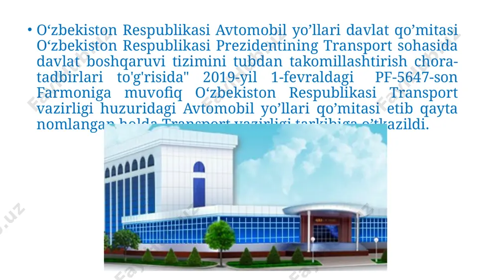 o’ladi: 1) avtomobil yo'llaridagi saqlash ishlarining asosiy texnik va texnologik ish jarayonlarini tezkorlik bilan boshqarish vazifalarini avtomatlashtirilishida barcha toifadagi avtomobil yo'llaridagi ish jarayonlarini boshqarish samaradorligini oshirish; 2) sun’iy yo’ldosh tizimlari, mobil aloqa, server ma’lumot texnologiyalaridan foydalanishida pudratchilar tarafidan avtomobil yo'llarini saqlash va ta’mirlash bo'yicha davlat buyurtmalarning bajarilishini nazorat qilinishini texnik jihatdan ta'minlash; 3) ishlash faoliyati bo’yicha pudratchilar aniq natijalari shaffofligini oshirish va ta'minlash. image1.png image2.png image3.png image4.jpeg image5.png image6.png image7.png image8.png image9.png image10.png image11.png image12.gif image13.png image14.png image15.png image16.jpeg image17.gif /docprops/thumbnail.jpeg