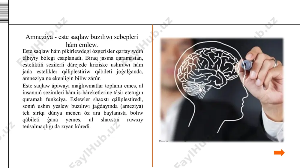 iv amneziya - yadtıń joǵalıwı jańa waqıyalardan baslanadı, biraq áste-aqırın aldınǵı waqıyalarǵa tarqaladı. dissociaciyalıq amneziya - jeke hám biografiyalıq maǵluwmatlar joǵaladı, biraq uluwma maǵluwmatlar saqlanıp qaladı. bul travma nátiyjesinde rawajlanatuǵın ruwxıy amneziya. sonday-aq, bul tańlap alınǵan amneziya bolıwı múmkin bolıp, bunda ádette sheklengen dáwirdegi waqıyalar, zıyan yetkizetuǵın jaǵdaylar yadtan óshiriledi. dissociaciyalıq fuga - dissociaciyalıq amneziyanıń awır uluwmalastırılǵan variantı, bunda óz shaxsılıǵı ideyası birneshe kún yaki saat dawamında pútkilley joǵaladı, hátte ózin basqa adam sıpatında kóz aldına keltiriw múmkin. tosattan, maqsetke muwapıq túrde qashıw hám sayaxatlar ámelge asırıladı. korsakov sindromı (amnestik sindrom) - disorientatsiya (keńislikte hám waqıtta) hám psevdo-reminissensiyalar menen birlesken bas miy amneziyası - yesteliklerdiń óz waqtında háreketleniwi. retrograd, anterograd amneziya qosılıwı múmkin. 1 2 amneziya sebepleri. amneziya dárejesi awırlıǵı hám úlkenligi jaǵınan júdá parıq yetedi. ayırım jaǵdaylarda, adam sırttan pútkilley salamat bolıp kóriniwi múmkin, biraq geyde ol ózine-ózi xızmet etiw qábiletin pútkilley joǵaltadı. hátteki jeńil amneziya da kúndelikli iskerlikke …