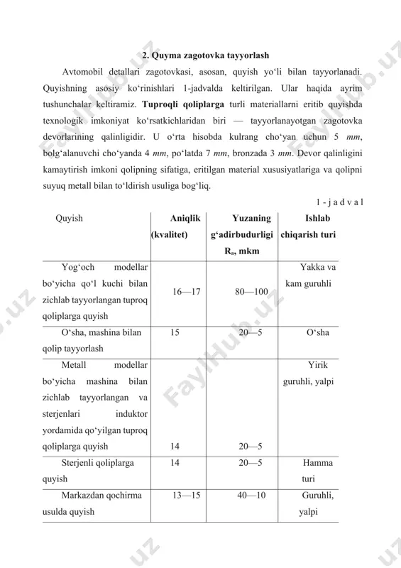 anadi. qoliplarda ishlatiladigan tayoqchalarni tayyorlashda yopishtiruvchi modda sifatida suyuq shisha qo‘llaniladi. tayoqchalar bir-biriga nisbatan shunday o‘rnatiladiki, natijada qolipda detal zagotovkasining shakli hosil bo‘ladi va unga suyuq metall quyiladi. quyishning bu usuli tuproqli qoliplarga oddiy usulda quyishga qaraganda qo‘yimni 25—30% ga, kesib ishlashda mehnat sarfini 20— 25% ga kamaytiradi. markazdan qochirma usulda quyish aylanma harakat qiladigan gilzalar, halqa, tishli g‘ildirak kabi detallar zagotovkasini yasashda qo‘llanadi. bu usul bilan ikki qatlamli: cho‘yan-bronza, po‘lat-cho‘yan zagotovkalar olish mumkin. markazdan qochirma usulda olingan zagotovkaning tashqi yuzalarida me-tall zichligi yuqori, shakli esa aniq bo‘ladi, ichki yuzalarida aksincha — zichlik kamroq, shakl qo‘polroq chiqadi. ushbu usul, umuman, zagotovka sifatini yaxshilaydi, qo‘yimni va met all sarfini kamaytiradi; aylanib turadigan metall qoliplarda bajariladi. ba’zi xillarda bu usul yig‘ma qolipning metall yuzasiga qolip materialidan surkab bajariladi. metall qoliplar (êîêèëü)ga aksariyat holda rangli metallar aralashmasi va goho cho‘yan va po‘lat quyiladi. cho‘yan va po‘latning erish harorati yuqori bo‘lgani uchun qimmatbaho metall …