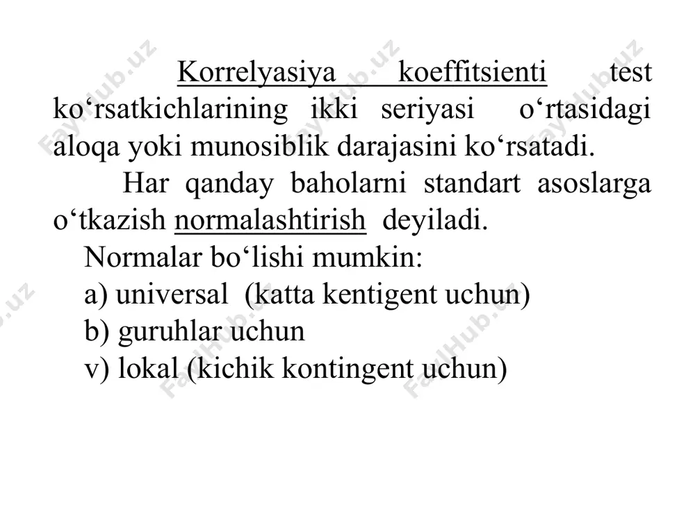 an o‘rin olgan. markaziy tendensiyaning uchinchi o‘lchami- bu mediana hisoblanadi. mediana sinaluvchilarning baholarini ranglashtirish majmuasini o‘rtasidan joy oluvchi bahodir. mediana taqsimot to‘plamidagi baholarni teng ikkiga bo‘luvchi qiymat hisoblanadi. natijada hodislarning bir qismi medianadan quyi, bir qismi yuqoridan joy oladi. test baholari haqidagi qo‘shimcha ma’lumotlar markaziy tendensiyadan individual og‘ish darajasini ko‘rsatuvchi o‘zgaruvchan mezonlarni beradi. o‘zgaruvchanlikni eng aniq va tushunarli taqdim etuvchi usuli to‘plamdagi minimal va maksimal baholar o‘rtasidagi farqni ifodalovchi hodisa tebranishi taqdim etadi. normal taqsimot qoidasiga ko‘ra 10 ta hodisadan iborat holat bo‘yicha misol ko‘rib chiqiladi. kam hodisa bo‘yicha masalani ko‘rib chiqish, ko‘p to‘plamli hodislarga nisbatan uning tushunarli bo‘lishini ta’minlash uchun olindi. jadvalda bir qator keyinchalik foydalanildaigan statistik ifodalar keltrilgan. testning birlamchi baholari katta x orqali kichik x esa guruhi o‘rtacha qiymatdan har bir sinaluvchilarning individual 3-rasm. normal egri bo‘yicha taqsimotlarning foizli ifodalanishi grekcha σ harfi yig‘indi ma’nosini ifodalaydi. jadvalning binichi ustuni bo‘yicha o‘rtacha qiymat va mediana hisoblab topiladi. jadvalda …