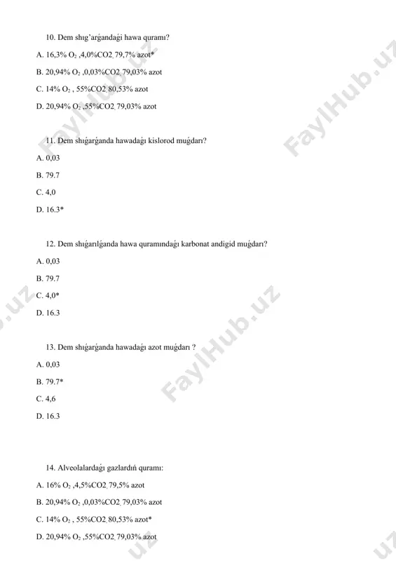 kussiya usılı c. spirometriya usılı d. suyıltırıw usılı* 33. izertleniwshi quramında argon bar hawadan neshe minut dawamında dem aladı? a. 3-5 min b. 10-15 min c. 5-10 min * d. 10-20 min 34. qaldıq hawanı anıqlawda tekseriliwshi quramında neshe litr argon bolǵan hawadan dem aladı? a. 3l b. 5l c. 1l * d. 4l 35. úlken adamda 15-30 mm uzınlıqdaǵı dem alıw sistemasınıń nayshasiman bolǵan bólimi: a. traxeya* b. sin’ir c. jutıw d. bronx 36. traxeyanıń diametri: a. 24-33 mm b. 17-26 mm c. 15-25mm d. 15-30 mm* 37. ókpeniń ótkeriwshi zonasina kiriwshi bronxial shaxlardan neshe bronxlardiń generatsiyasin payda etedi? a. 18 b. 16 * c. 15 d. 19 38. anatomiyalıq zıyanlı boslıq neshe ml di quraydı a. 100-150ml b. 80-150ml c. 150-200ml d. 150-180ml * 39. sırtqı dem alıw menen dem alıw jollarınıń ventelyasiyası qalay amelge asadı? a. diffuziya jol menen b. konvektiv jol menen* c. basım parqlı sebepli …