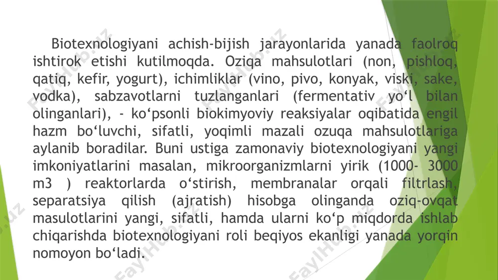 lanadi. ammo sutdan umuman voz kechish maqsadga muvofiq emas, chunki sut tarkibida juda ko‘p foydali (almashinmaydigan aminokislotala, vitaminlar, kalsiy) moddalar tutadi. shuning uchun laktozasiz sut ishlab chiqarishning bir necha usullari yaratilgan. ivitish vitaminlar va temir moddalari tomizg’i qadoqlash va saqlash aralashtirish uglevodli eritma pasterizatsiya oqsil yog’li aralashma pishloq pishloq ishlab chiqarish.sut mikroblar yordamida tabiiy yo‘l bilan qayta ishlangan birinchi mahsulot hisoblanadi. chunki sut tarkibida mikroorganizmlar oziqlanib, ko‘payishlari uchun zarur bo‘lgan deyarli barcha komponentlar mavjud bo‘lib, shuning uchun ham u tez achib qoladi. bu jarayonni asosini sut shakari – laktozani sut kislotasiga aylanishi tashkil etadi. ming yillar davomida sutni o‘zidan-o‘zi achib qolish sabablari o‘rganib kelingan va oqibatda sutdan achib qolish sabablari o‘rganib kelingan va oqibatda sutdan achitish orqali pishloq va boshqa mahsulotlar tayyorlash texnologiyalari yaratilgan. pishloq tayyorlash uchun sutga ma’lum avlodga mansub bo‘lgan bakteriya solinadi. tayyorlanadigan mahsulotni sifati, xushbo‘yligi, va boshqa qator xususiyatlari mana shu bakteriyalarni avlodi va turiga bog‘liqdir. sutni …