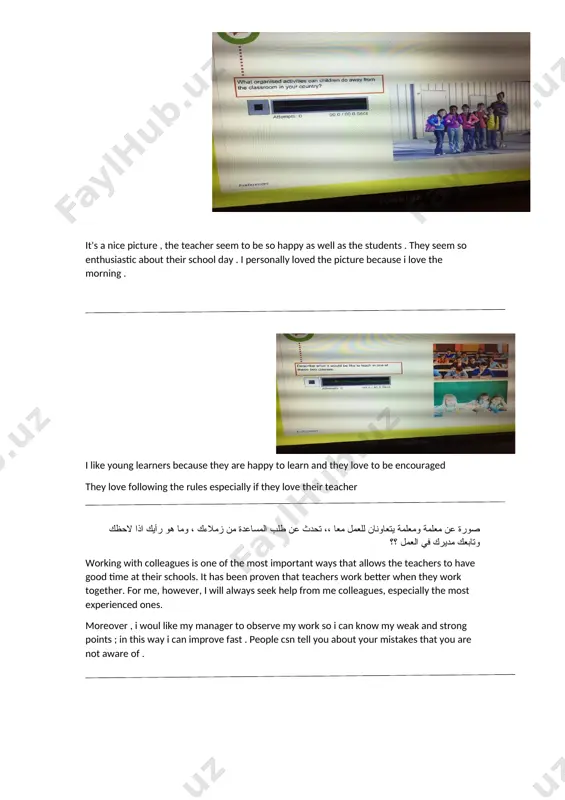 you pause trying to think what you're gonnna say next... about the third question i think it is ok to start a lesson without writing a detailed lesson plan as long as the teacher get some general idea about the subject before he start.however this requires the teacher to have an excellent background about the topic,so yea it can be done. هذا السؤال الاخير في اجتماع المعلمين how to make the meetings more effective? we can make the meeting more effective by showing some data and graphs to make the points of the meeting more understandable,also encouraging the teachers to participate and share their ideas with the group will make the meeting more effictive and less boring at the same time. in my point of view, i think that group work projects are interesting. they help the students learn more from their peers. i remember one of those projects when …