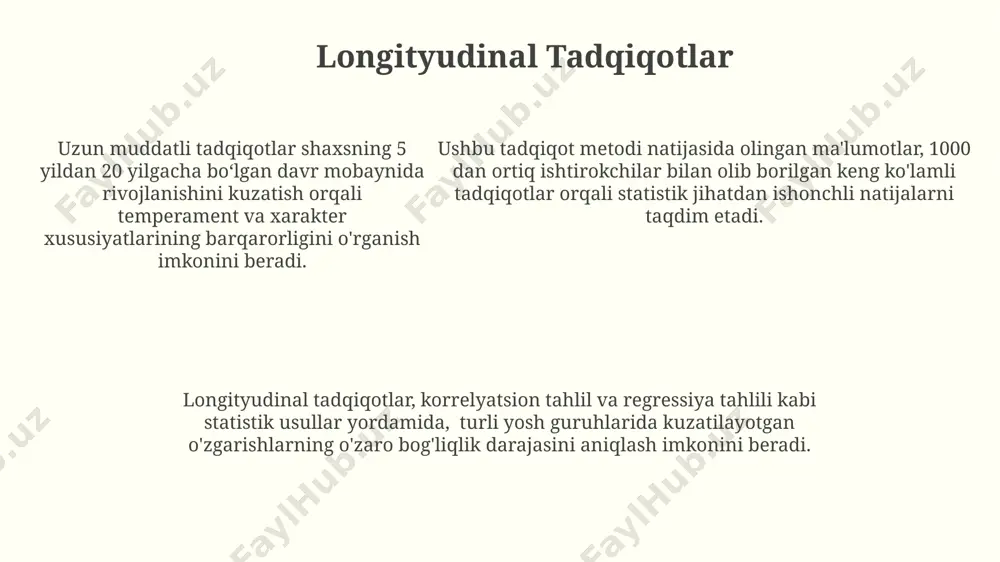 rga ta’sirini aniqlash imkonini beradi. eksperiment natijalarini statistik usullar, masalan, t-testi, anova yoki korrelyatsion tahlil yordamida tahlil qilib, farqlarning ahamiyatliligini baholash mumkin. reaksiya vaqti, xotira sinovlari, so‘rovnomalar kabi turli eksperimental vositalar individual farqlarni o‘rganishda miqdoriy ma’lumotlar olishga yordam beradi. motivatsiyani o'rganish motivatsiyani o'rganishda 30 dan ortiq turli nazariyalar mavjud bo'lib, ular motivatsion xulq-atvorning fiziologik, kognitiv va ijtimoiy omillarini o'rganadi. o'z-o'zini samaradorlik nazariyasi motivatsiyani shaxsning ma'lum vazifani muvaffaqiyatli bajarishga bo'lgan ishonchini o'rganadi va bu ko'rsatkich 1 dan 10 gacha bo'lgan shkala bilan o'lchanadi. o'z-o'zini samaradorlik nazariyasi motivatsiyani shaxsning ma'lum vazifani muvaffaqiyatli bajarishga bo'lgan ishonchini o'rganadi va bu ko'rsatkich 1 dan 10 gacha bo'lgan shkala bilan o'lchanadi. xarakterni o'rganish "xarakterni o'rganish"da temperament turlarini aniqlash uchun 4 ta asosiy usul (misol uchun, pavlovning temperament turlari yoki eysenckning ekstraversiya-introversiya shkalasi) keng qo'llaniladi. "xarakterni o'rganish"da shaxsning 5 ta asosiy xususiyati (ochiqlik, vijdonlilik, ekstraversiya, yoqimli bo'lish va neyrotizm - "big five" modeli) kabi omillarni o'lchash uchun …